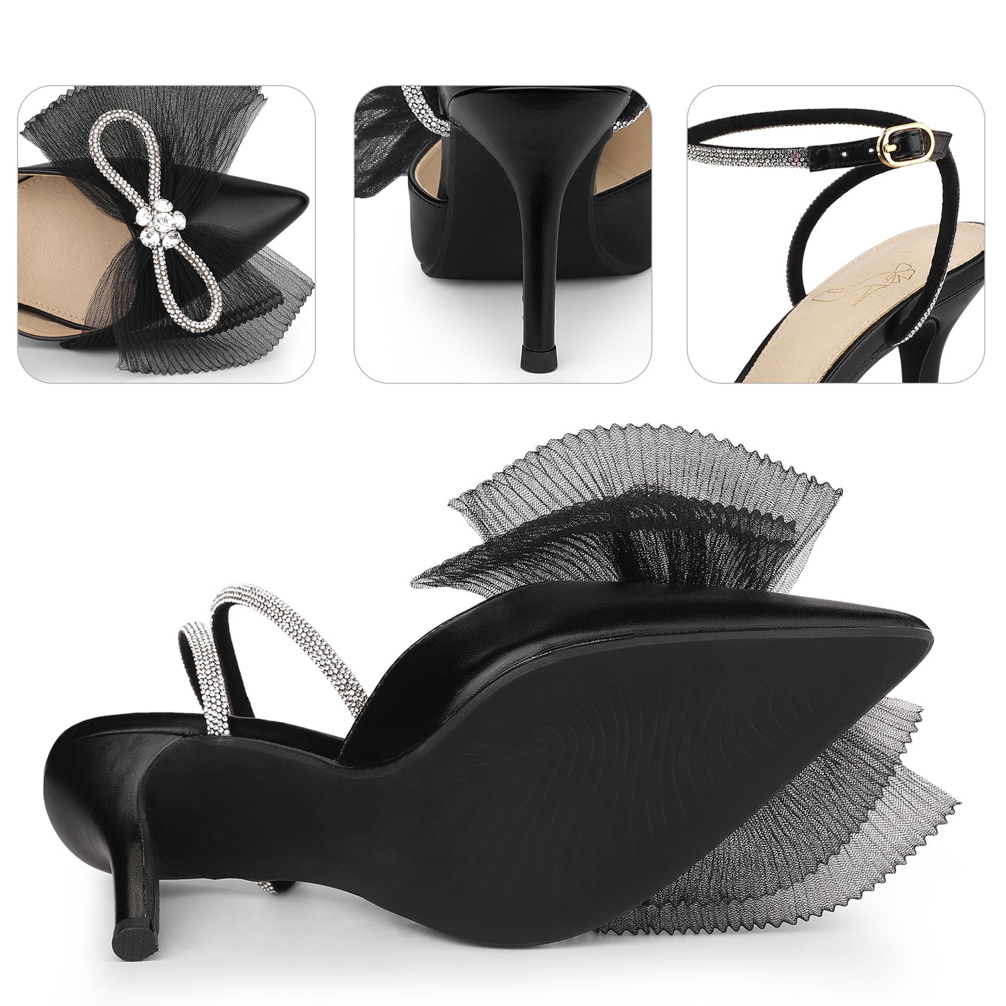 Zapatos de tacón de aguja con tiras y lazo de malla con diamantes de imitación para mujer