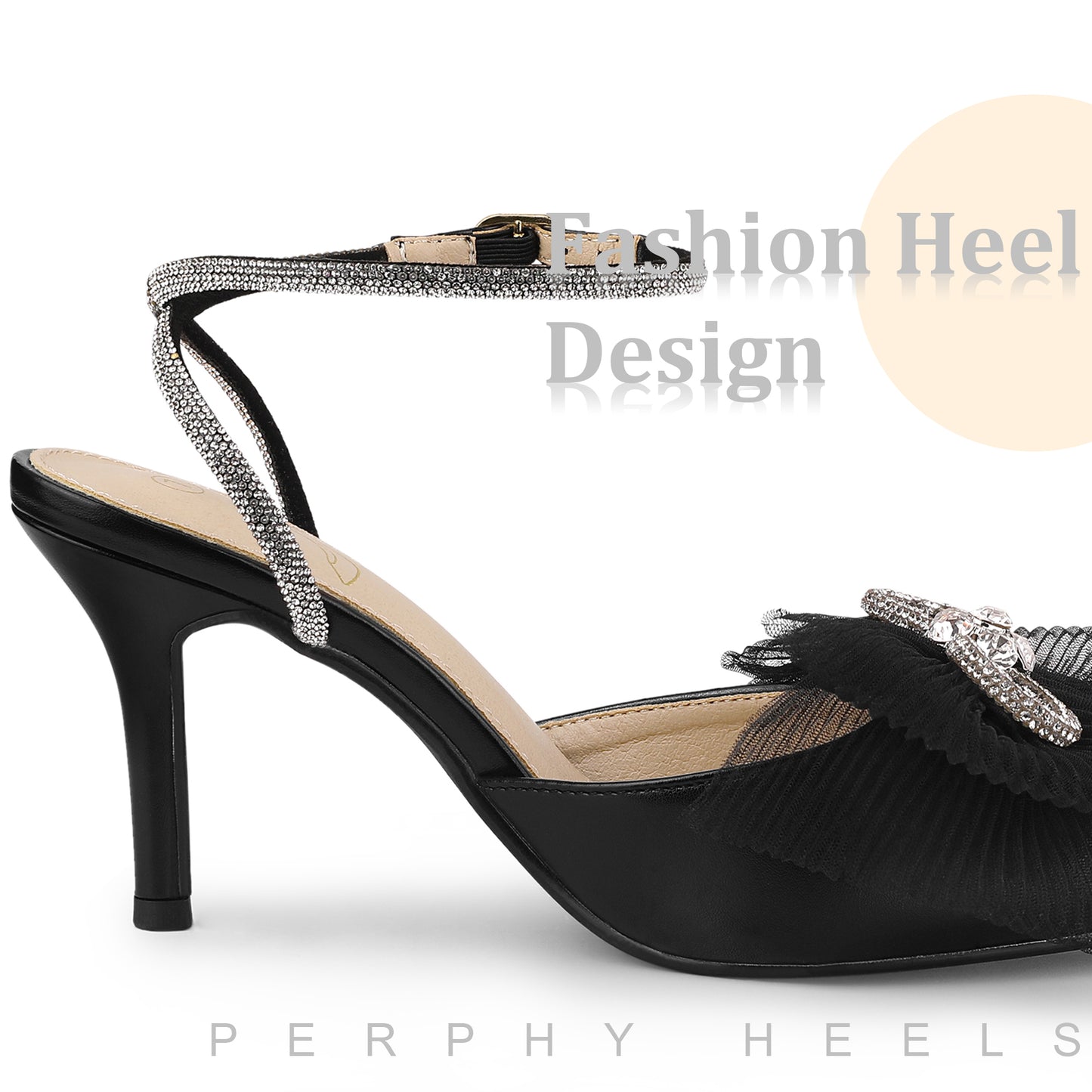Zapatos de tacón de aguja con tiras y lazo de malla con diamantes de imitación para mujer