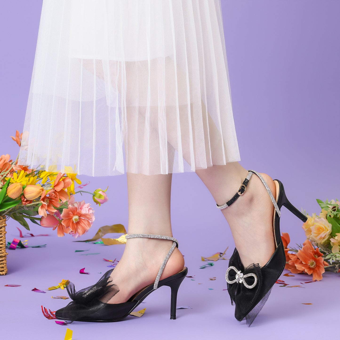Zapatos de tacón de aguja con tiras y lazo de malla con diamantes de imitación para mujer