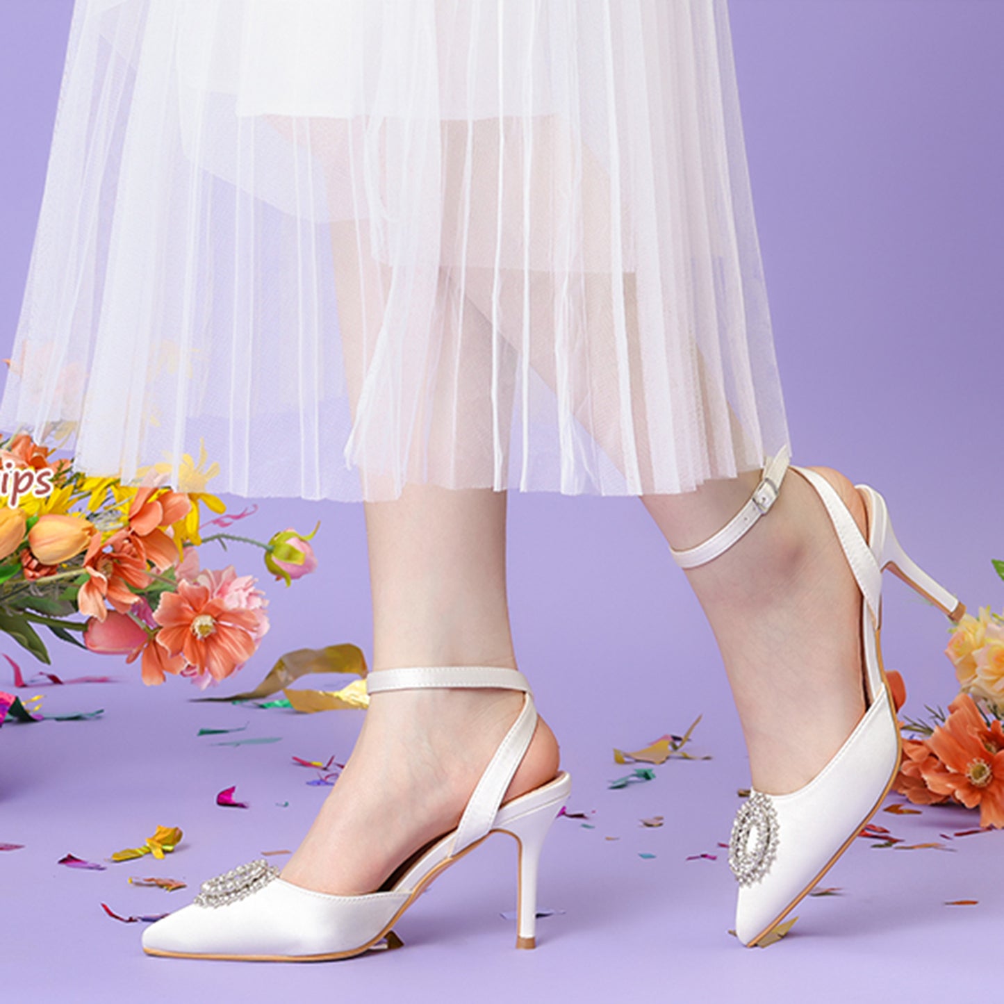 Zapatos de tacón de aguja con tiras en el tobillo y diamantes de imitación para mujer
