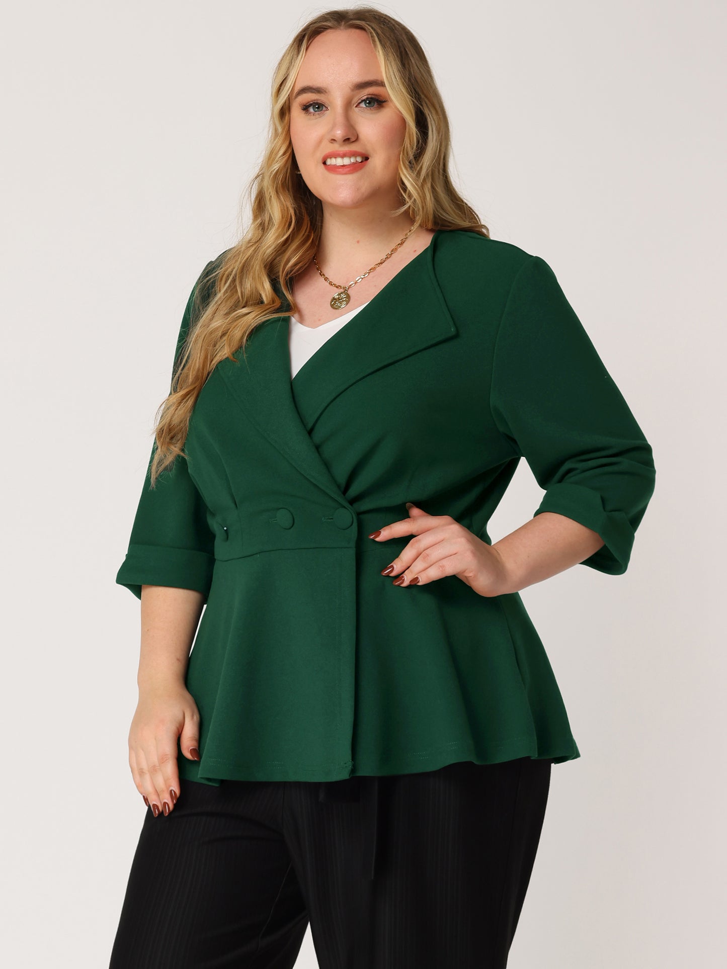 Women's Plus Size Casual Work Office Blazers Notched Lapel Button Peplum Blazer
