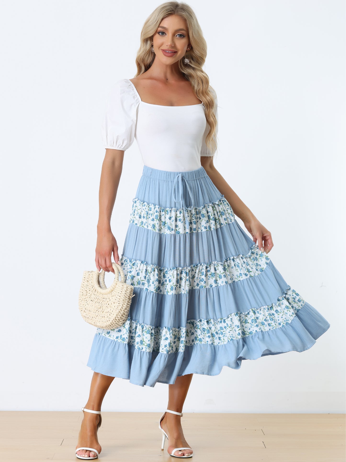Women's Summer Floral Midi Skirt Elastic Waist Contrast Color Casual Tiered Boho Skirt