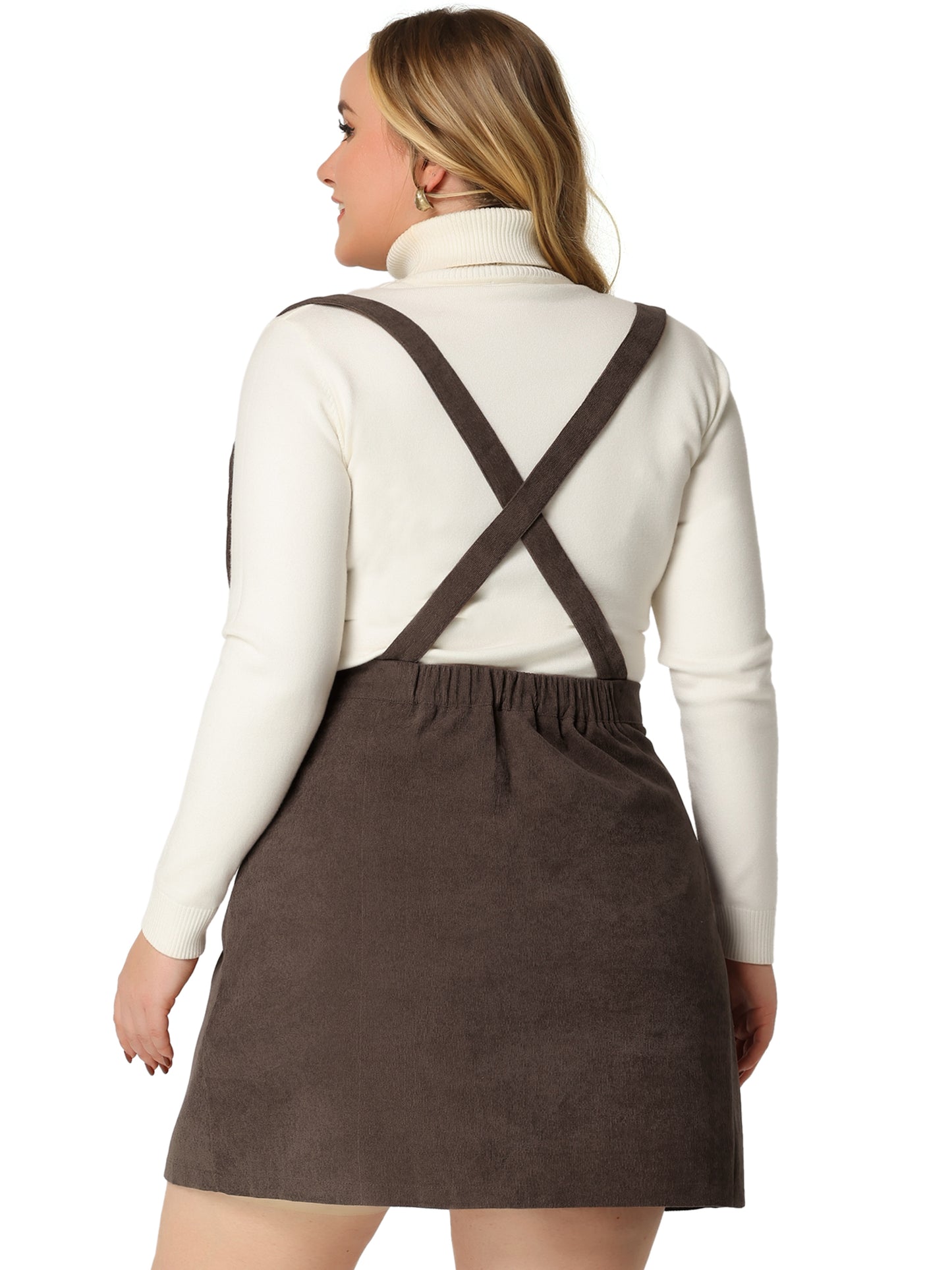 Falda de pana mini con tirantes, abotonada, acampanada y corte A para mujer, talla grande