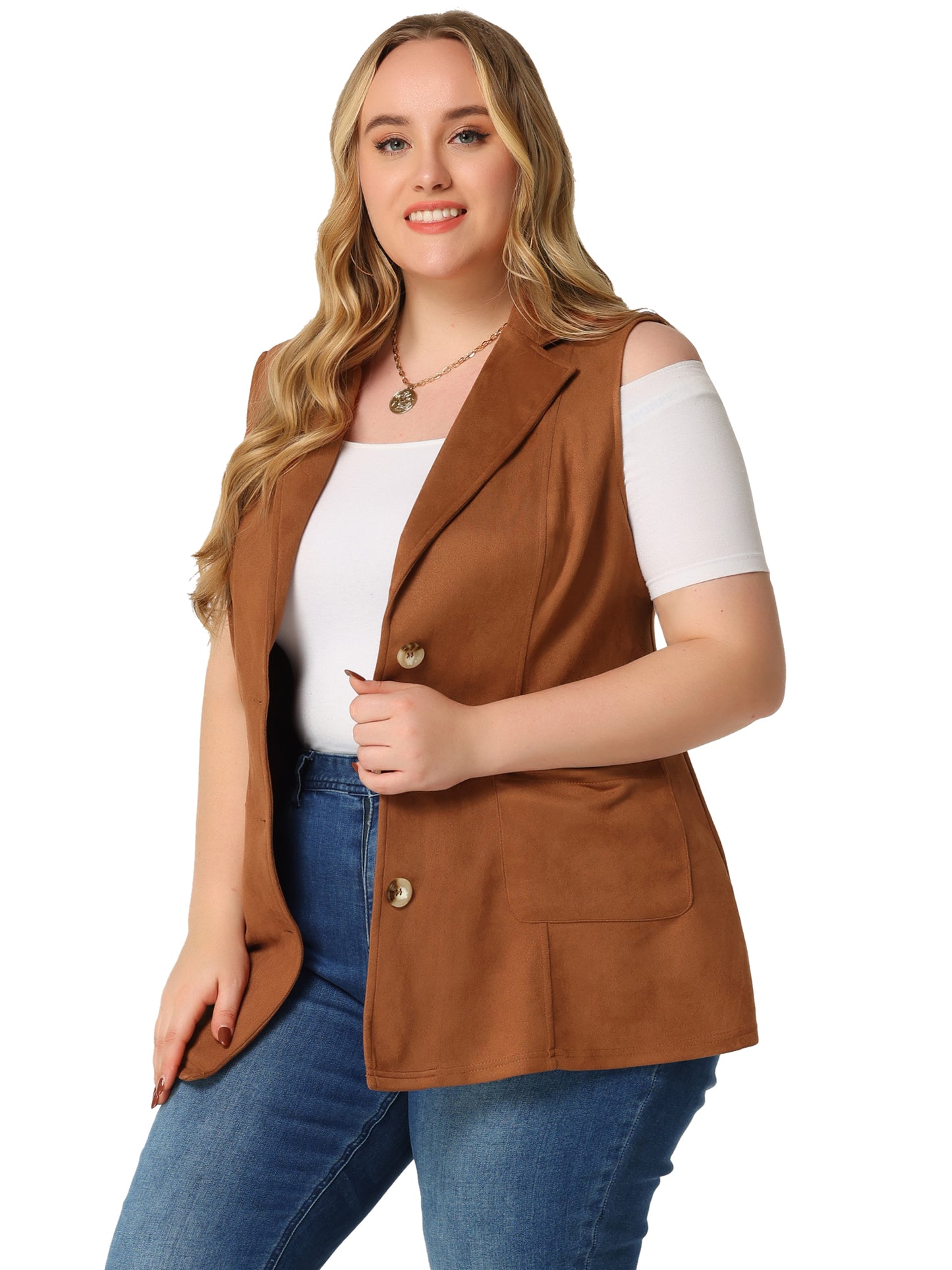 Women Plus Size Utility Vest Lapel Sleeveless Lightweight Suede Vests Jacket