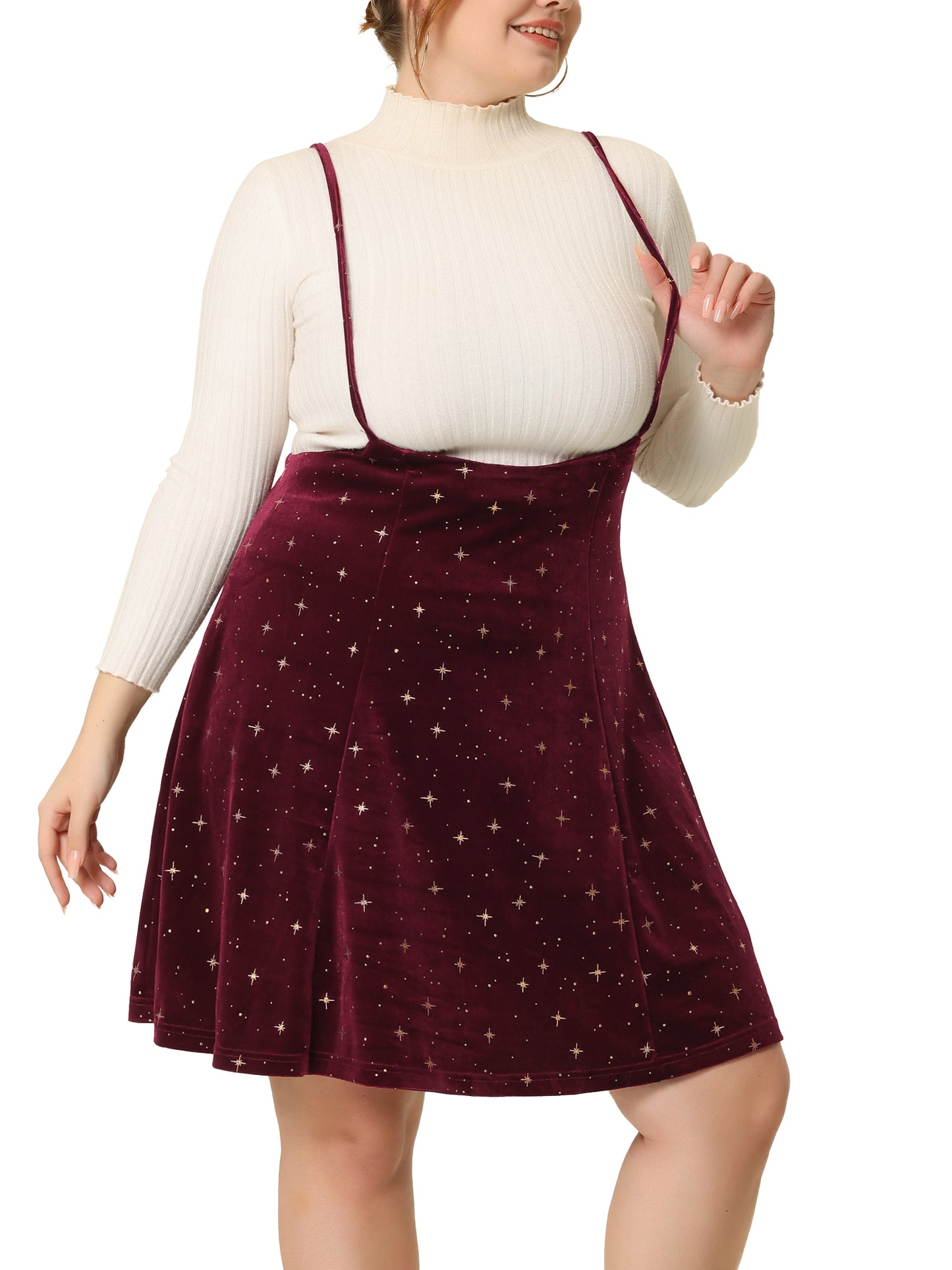 Faldas patinadoras de terciopelo de talla grande para mujer, acampanadas, doradas, metálicas, brillantes, con tirantes y estrellas.