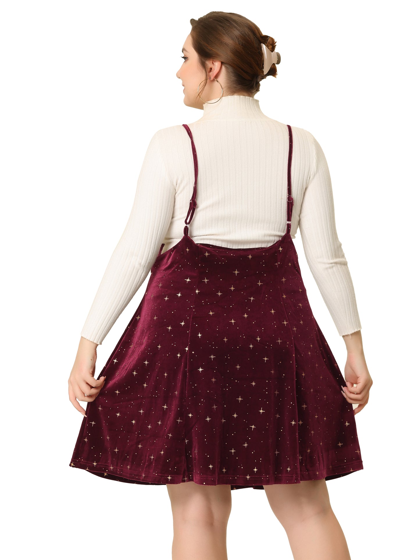 Faldas patinadoras de terciopelo de talla grande para mujer, acampanadas, doradas, metálicas, brillantes, con tirantes y estrellas.