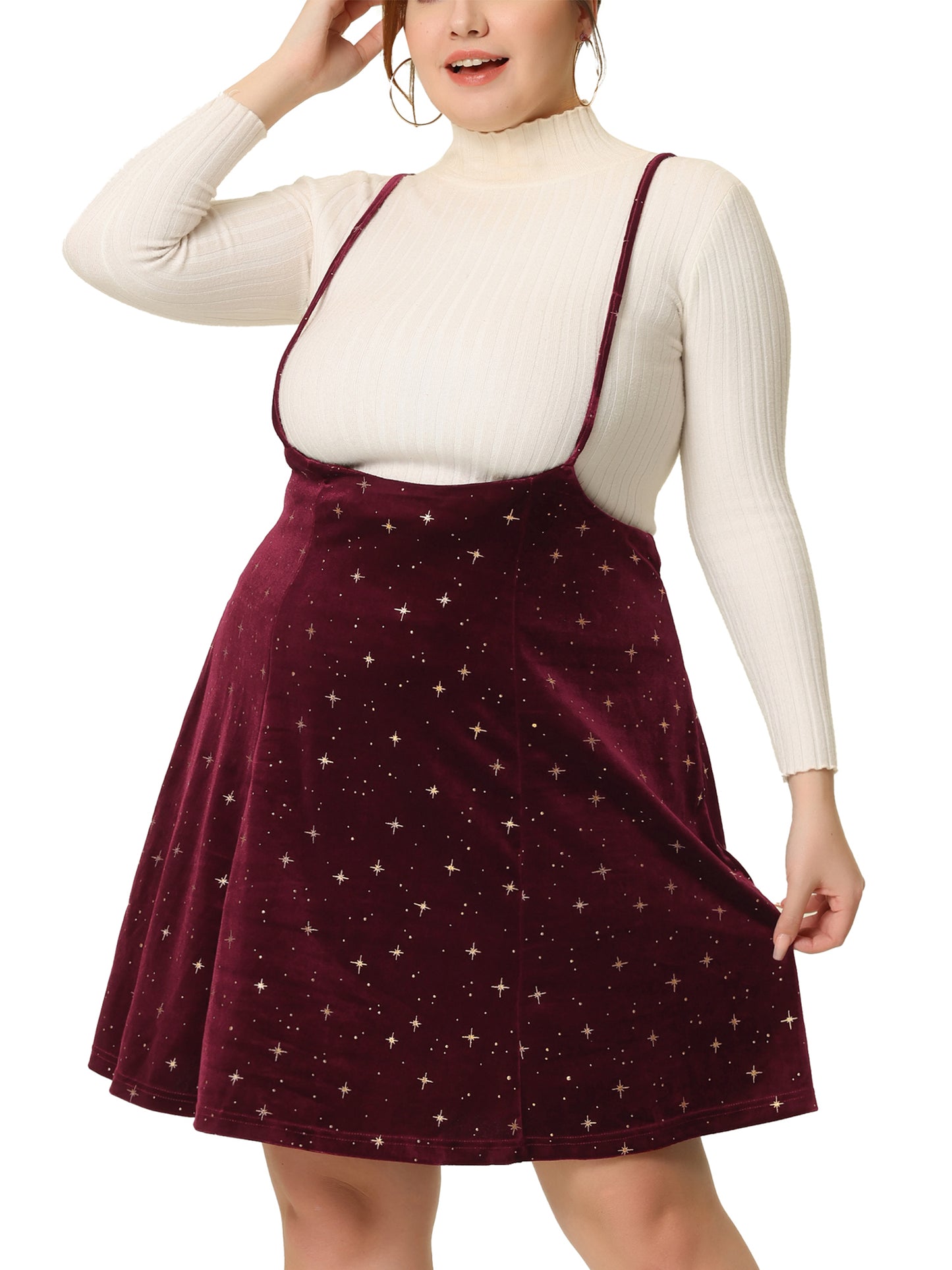 Faldas patinadoras de terciopelo de talla grande para mujer, acampanadas, doradas, metálicas, brillantes, con tirantes y estrellas.