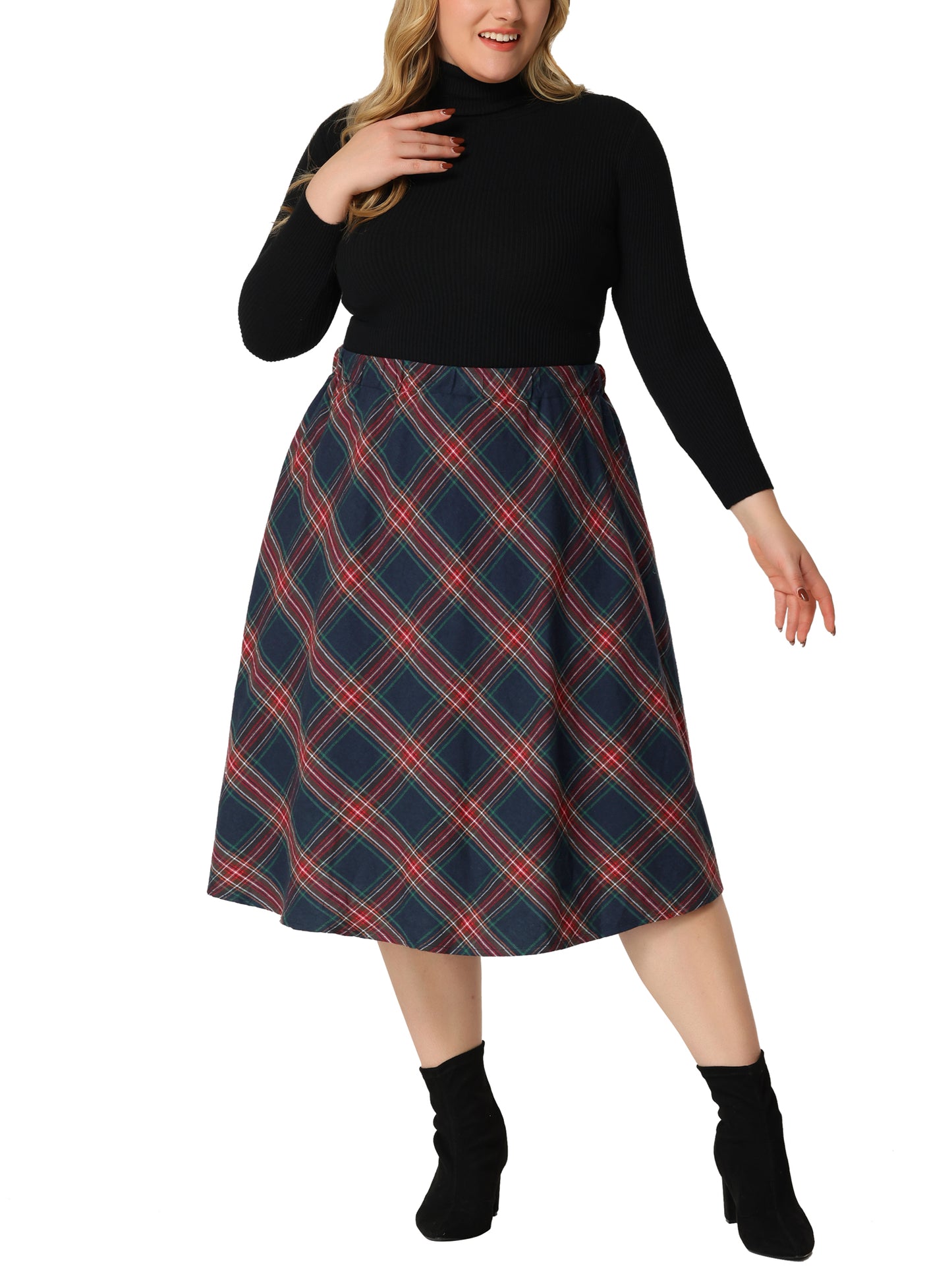 Women Plus Size Vintage Skirt A-line Plaid Printed Flare Elastic High Waist Midi Skirt