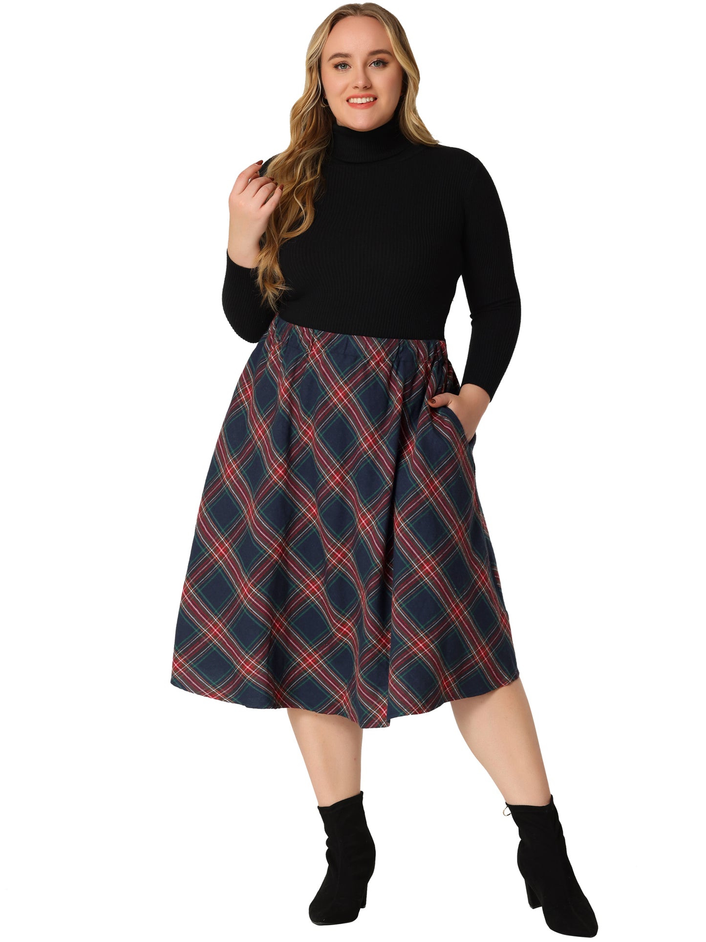 Women Plus Size Vintage Skirt A-line Plaid Printed Flare Elastic High Waist Midi Skirt