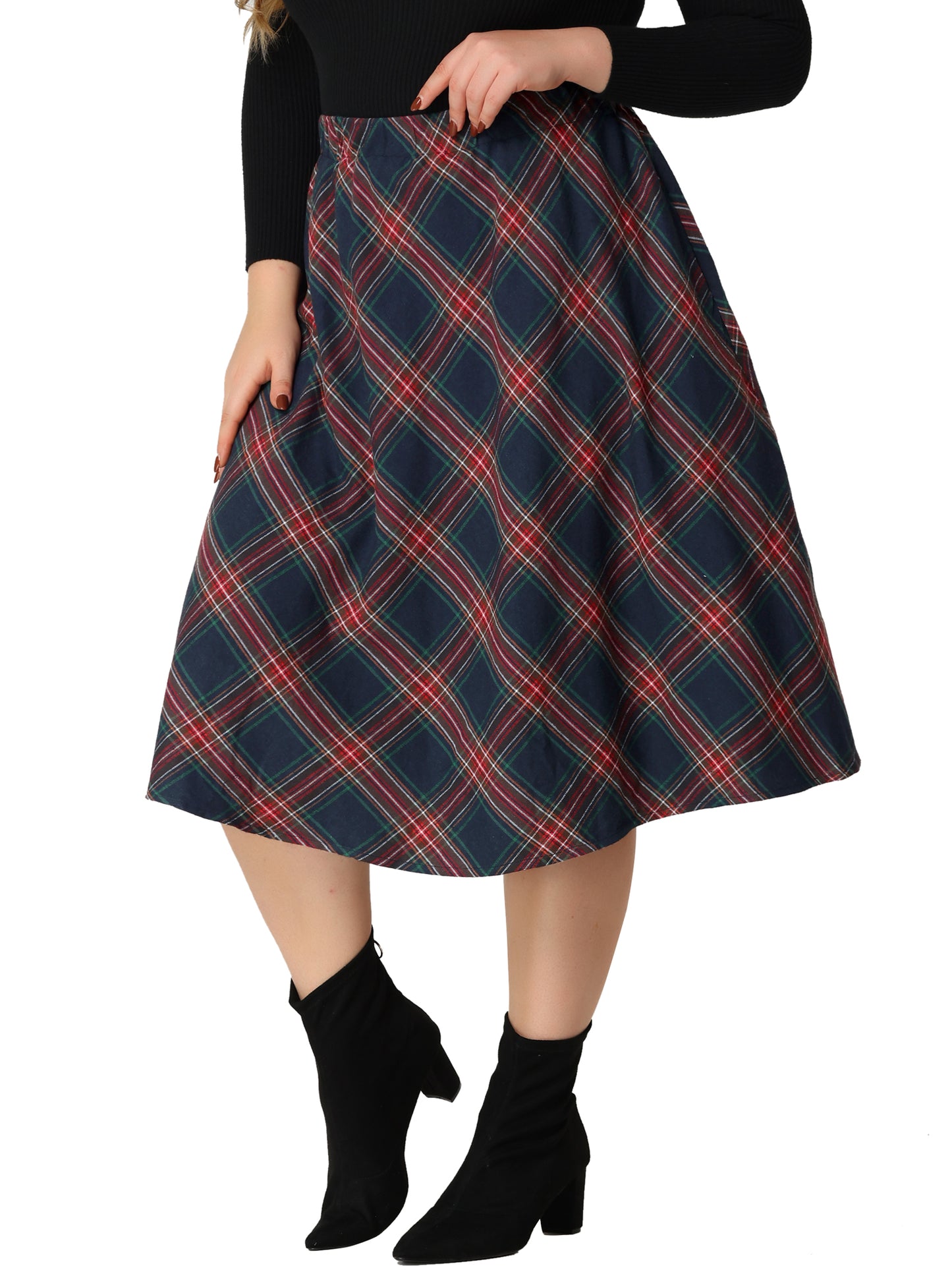 Women Plus Size Vintage Skirt A-line Plaid Printed Flare Elastic High Waist Midi Skirt