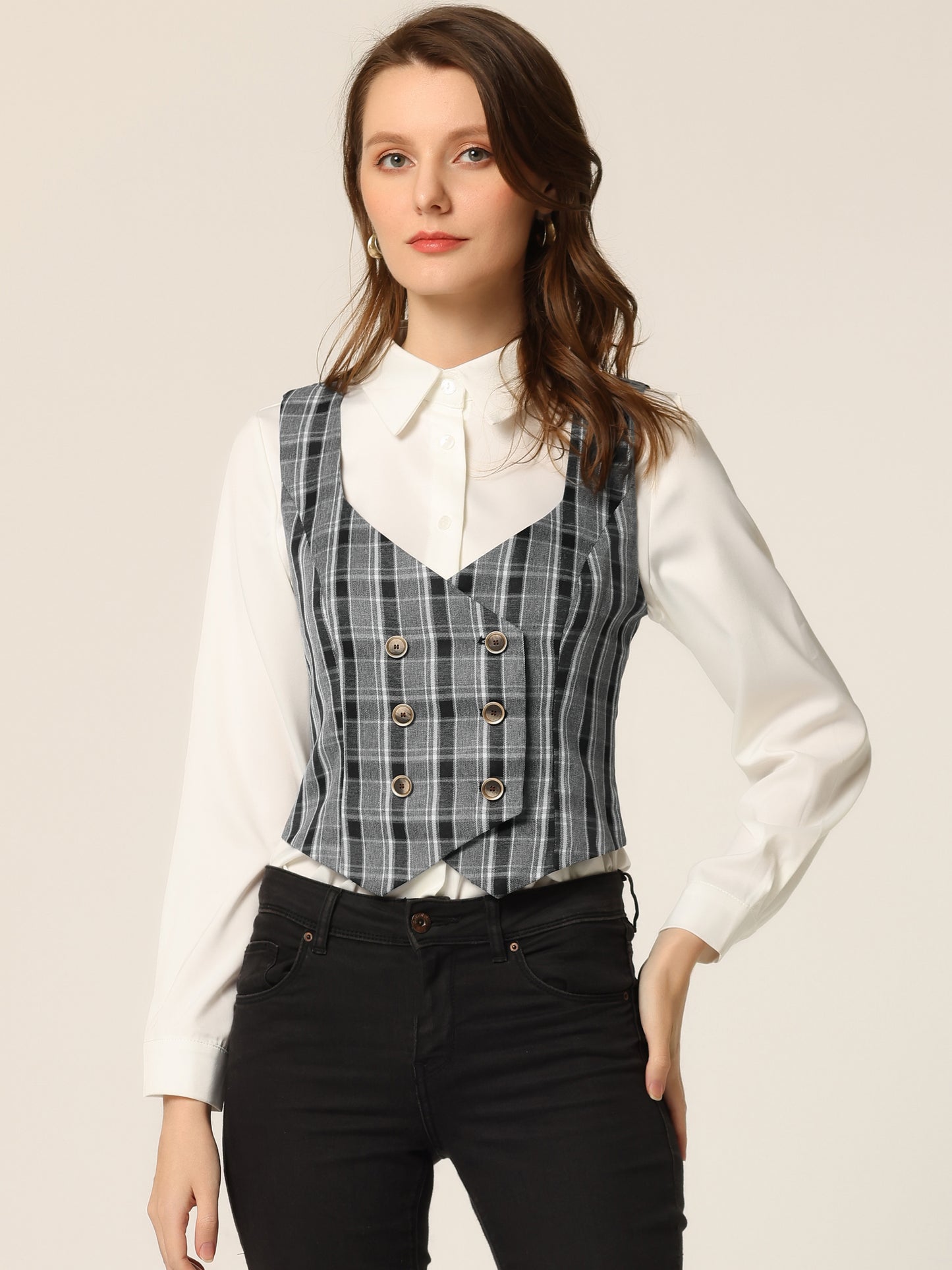 Women's Plaid Vest Vintage Retro Steampunk Double Breasted Suit Waistcoat