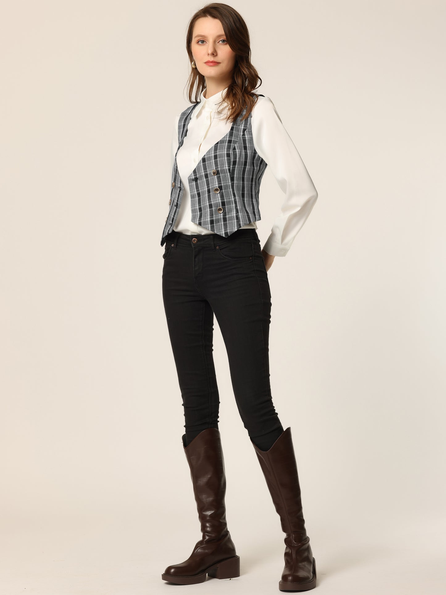 Women's Plaid Vest Vintage Retro Steampunk Double Breasted Suit Waistcoat