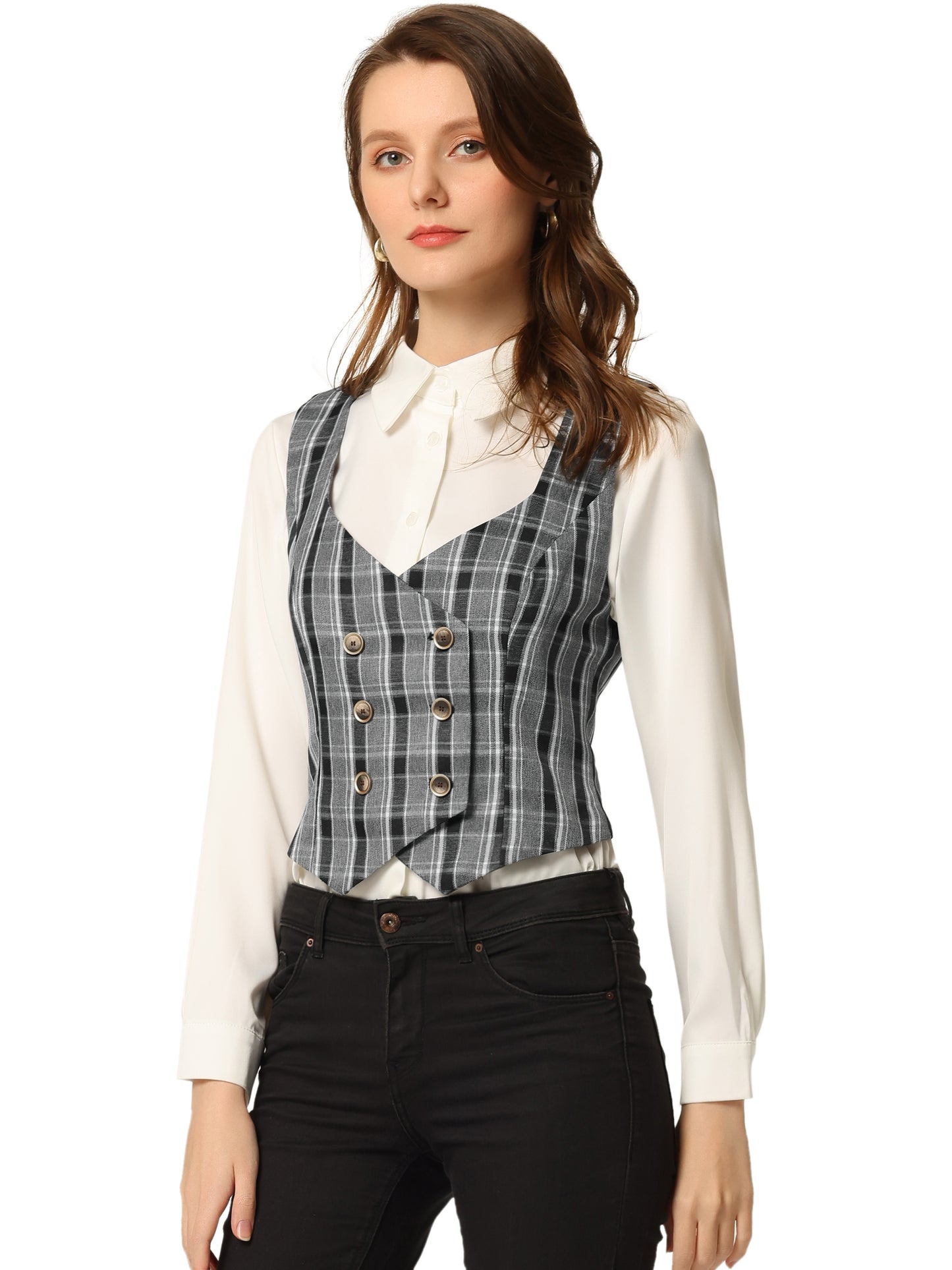 Women's Plaid Vest Vintage Retro Steampunk Double Breasted Suit Waistcoat