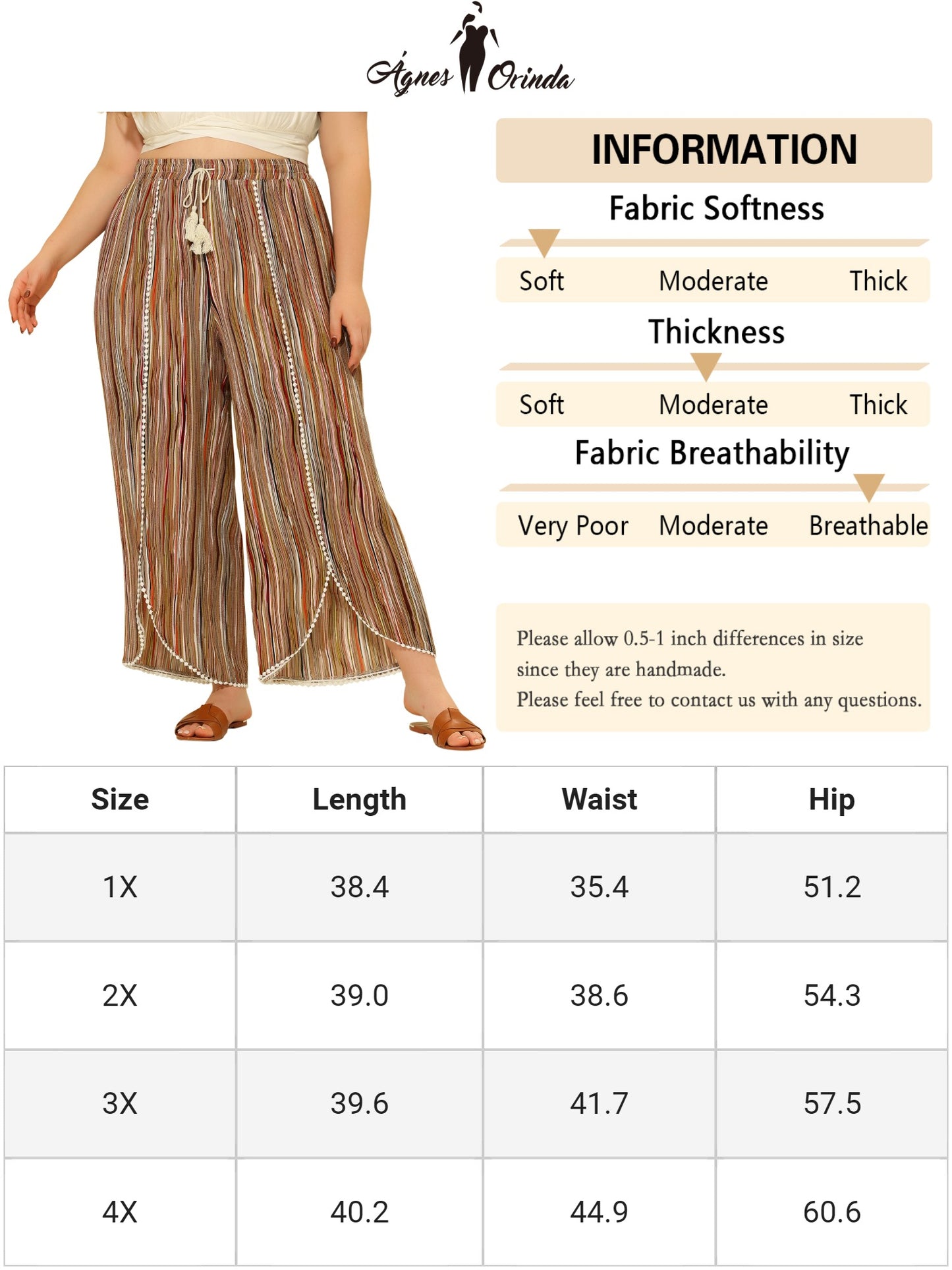 Women Plus Size Split Elastic Waist Flowy Striped Wide Leg Pants