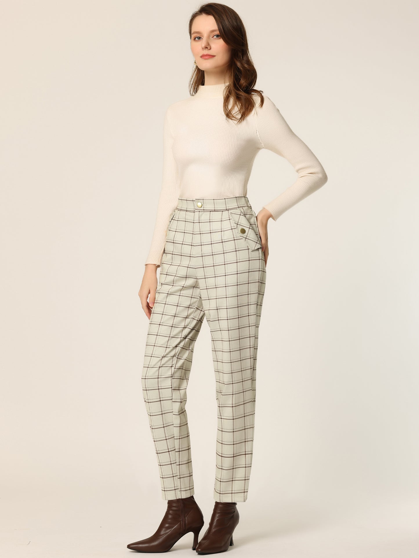 Women's Retro Tartan Plaid Pants Elastic Waist Straight Long Trousers