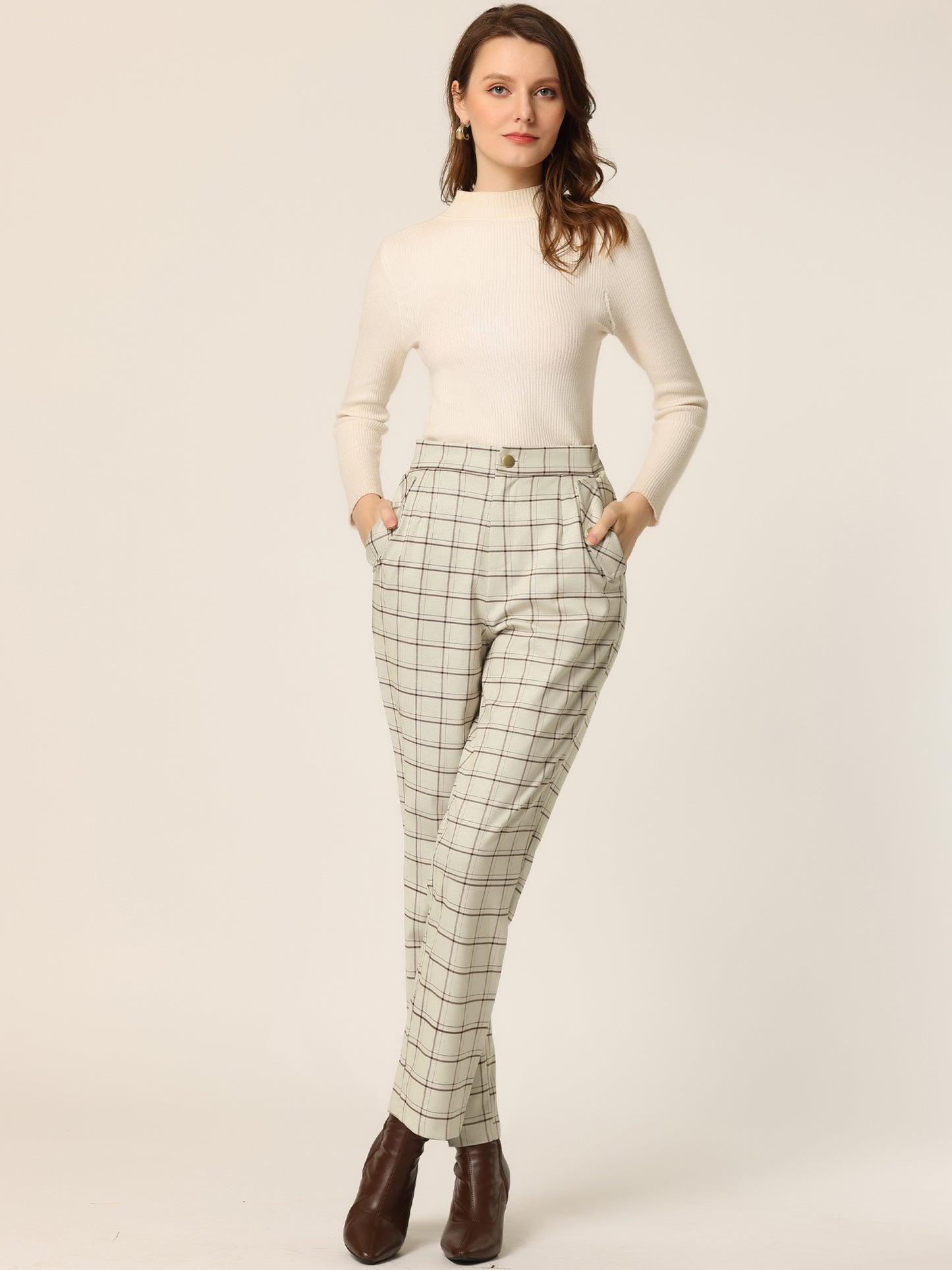 Women's Retro Tartan Plaid Pants Elastic Waist Straight Long Trousers