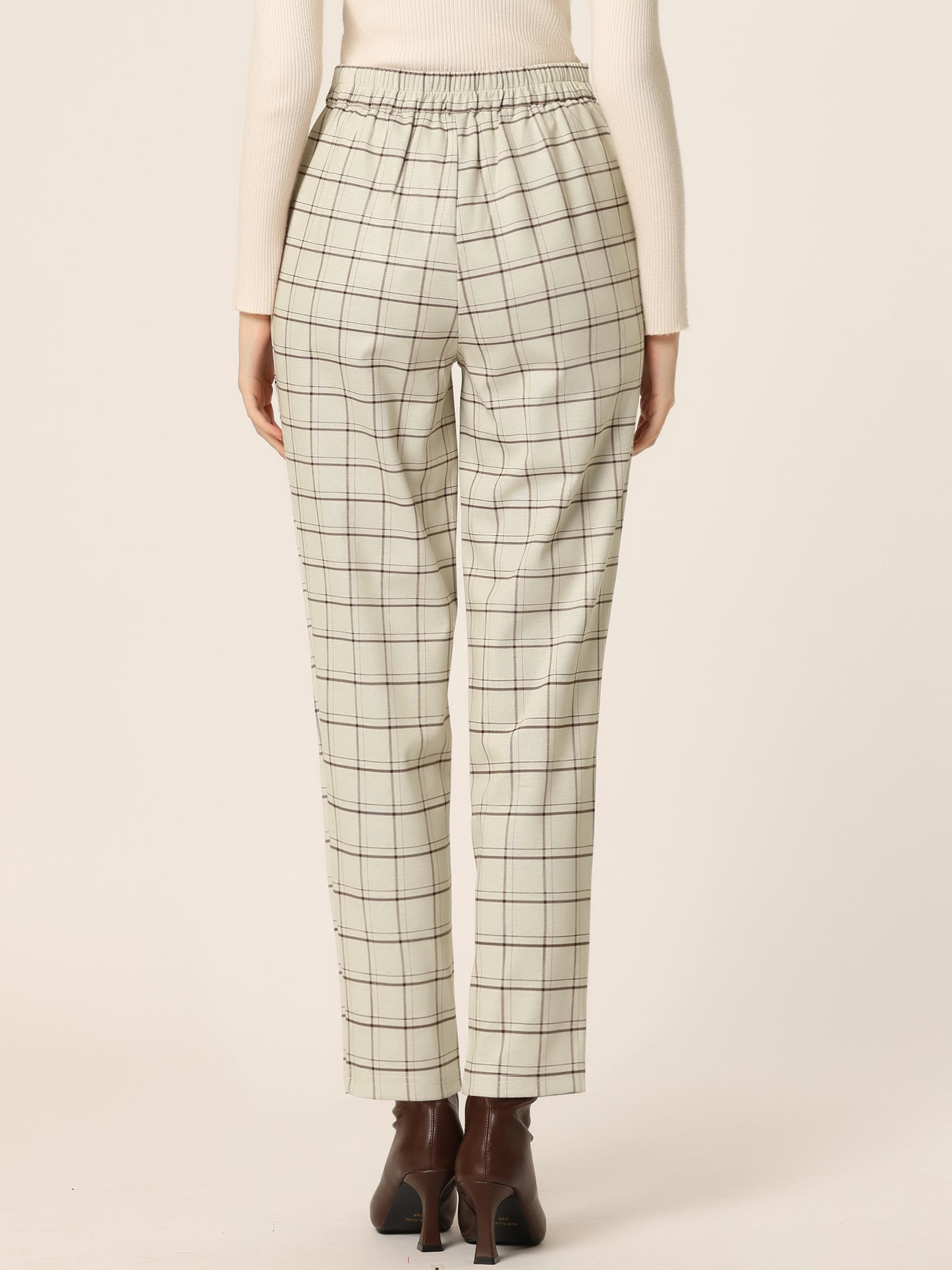 Women's Retro Tartan Plaid Pants Elastic Waist Straight Long Trousers