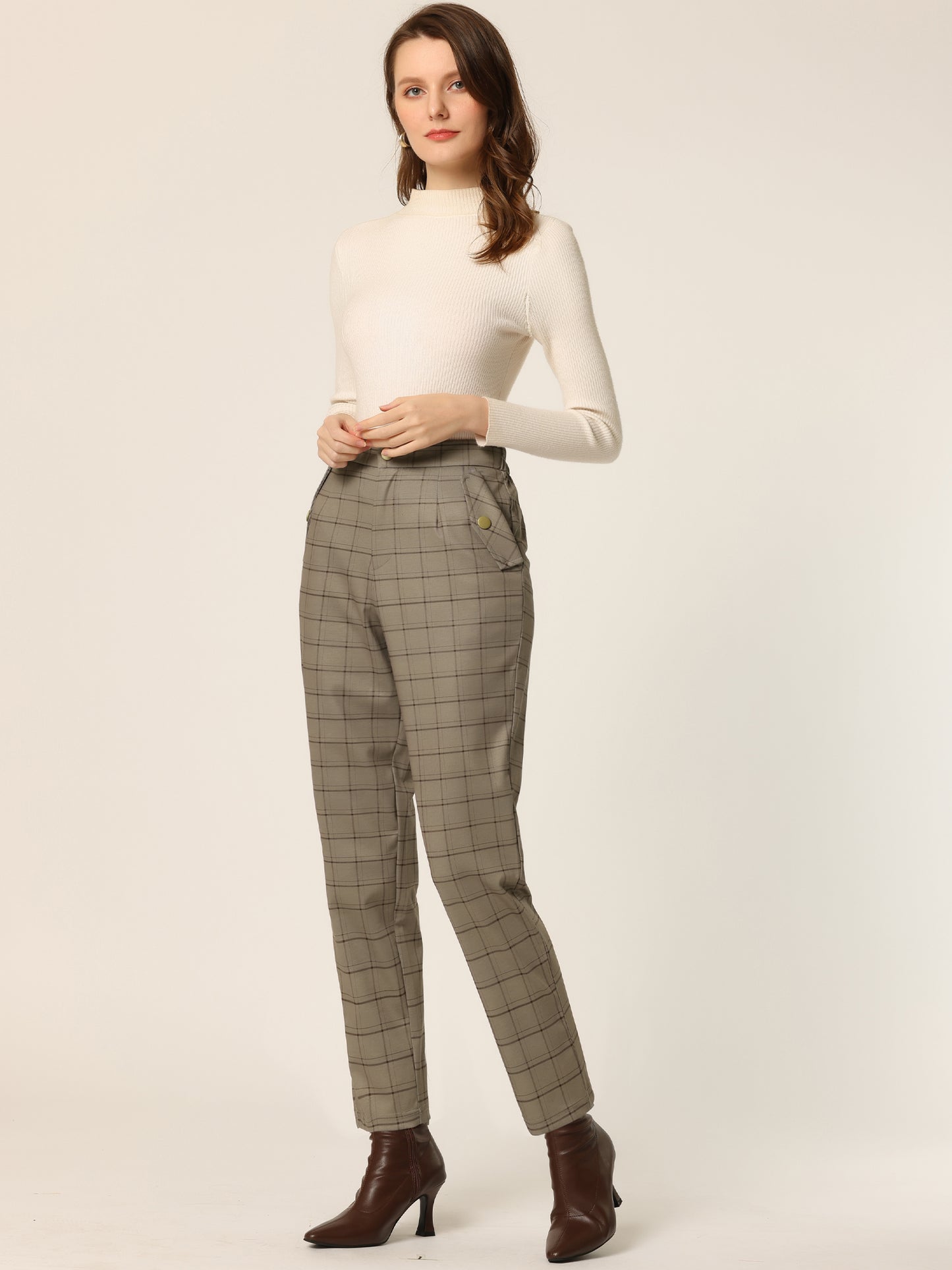 Women's Retro Tartan Plaid Pants Elastic Waist Straight Long Trousers