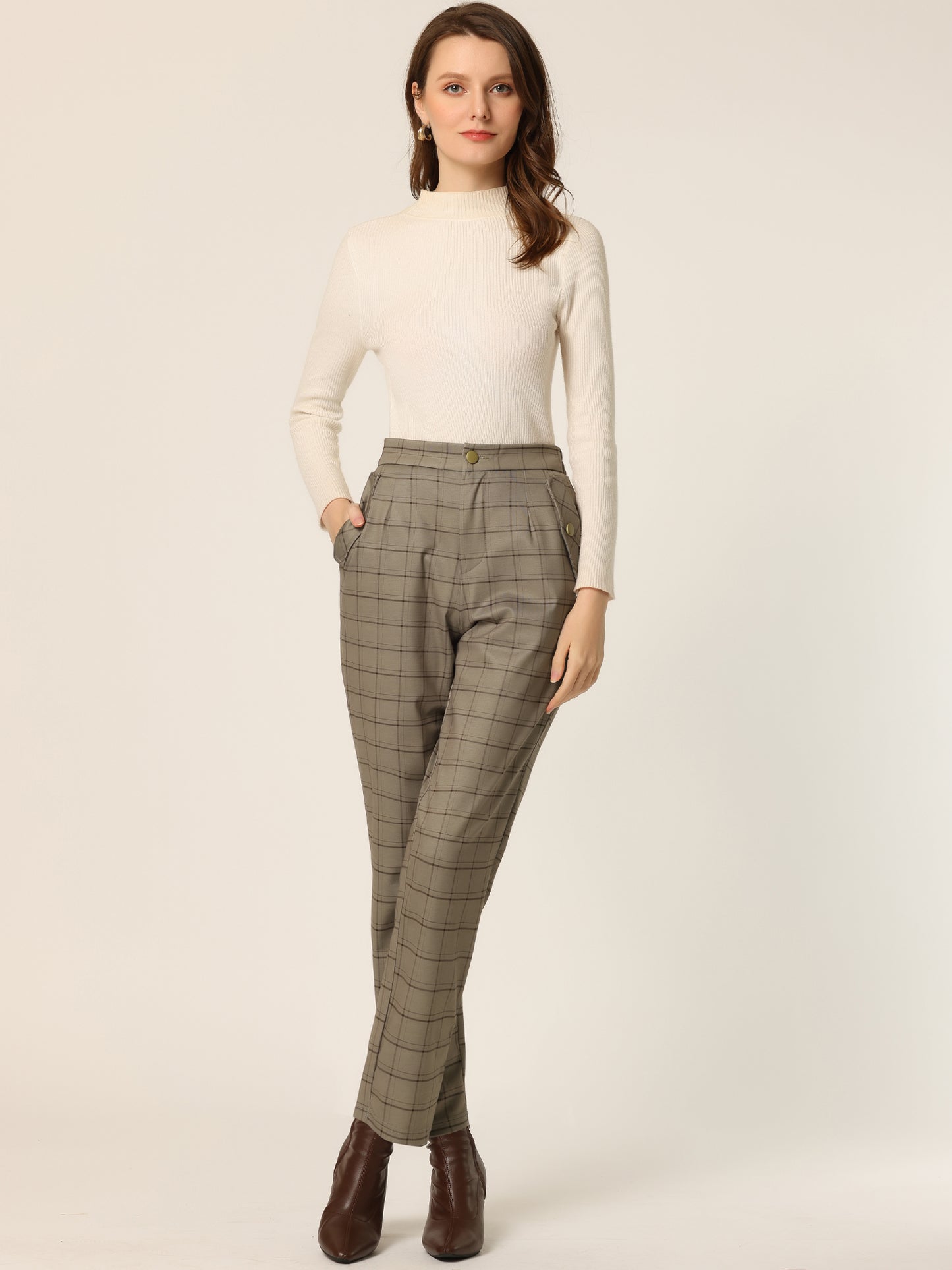 Women's Retro Tartan Plaid Pants Elastic Waist Straight Long Trousers