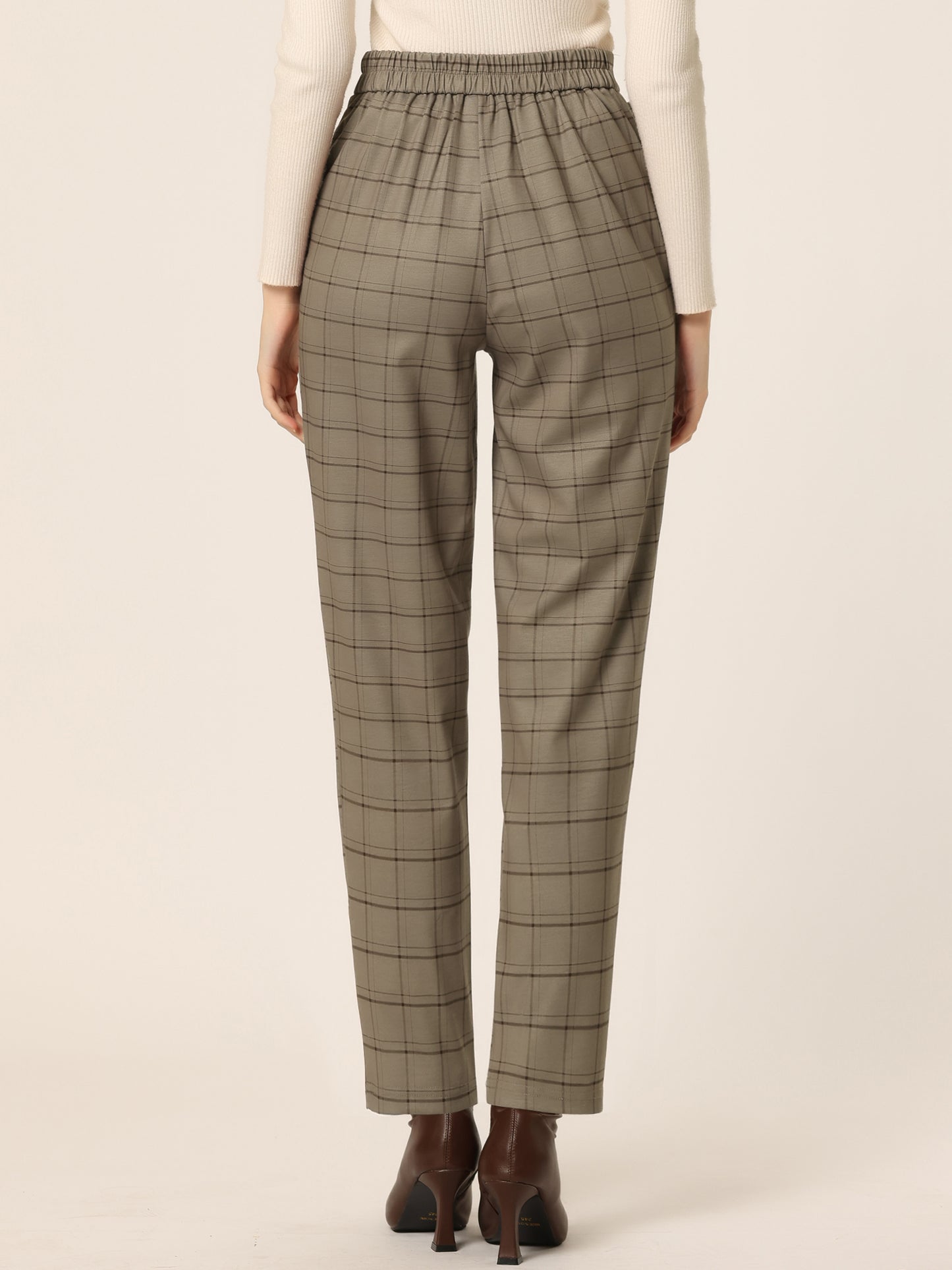 Women's Retro Tartan Plaid Pants Elastic Waist Straight Long Trousers