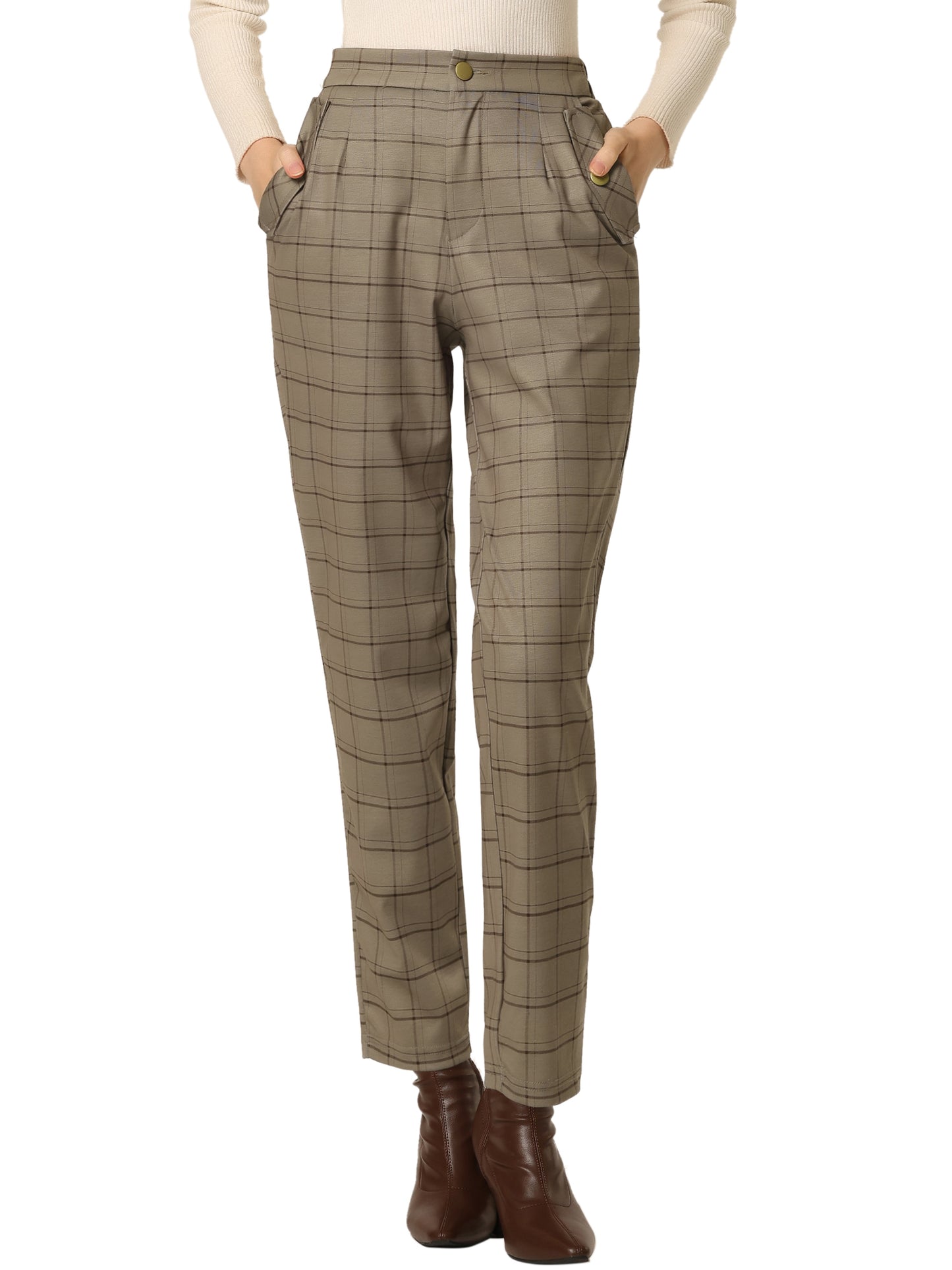 Women's Retro Tartan Plaid Pants Elastic Waist Straight Long Trousers