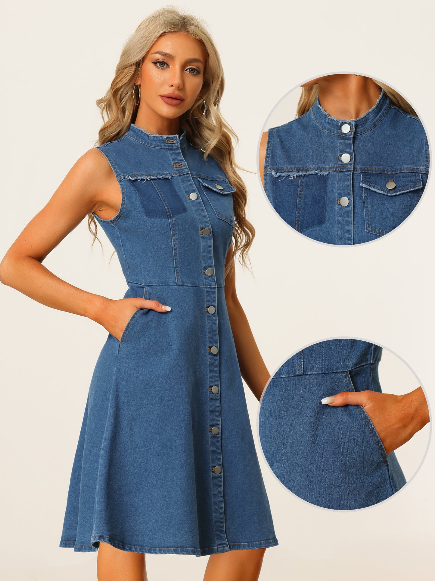 Women's Casual Denim Dress Button Down Sleeveless A-Line Midi Dress with Pockets