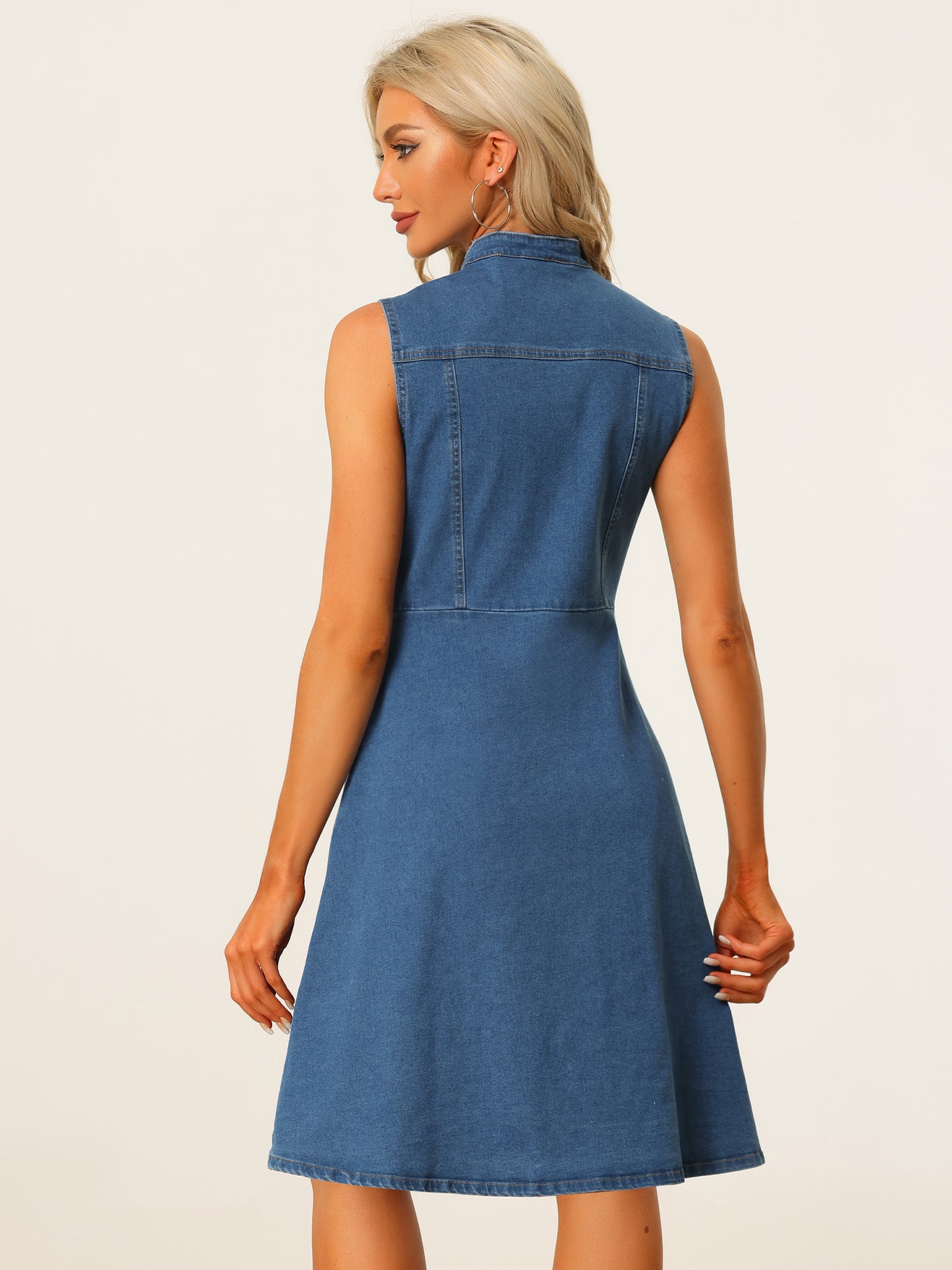 Women's Casual Denim Dress Button Down Sleeveless A-Line Midi Dress with Pockets