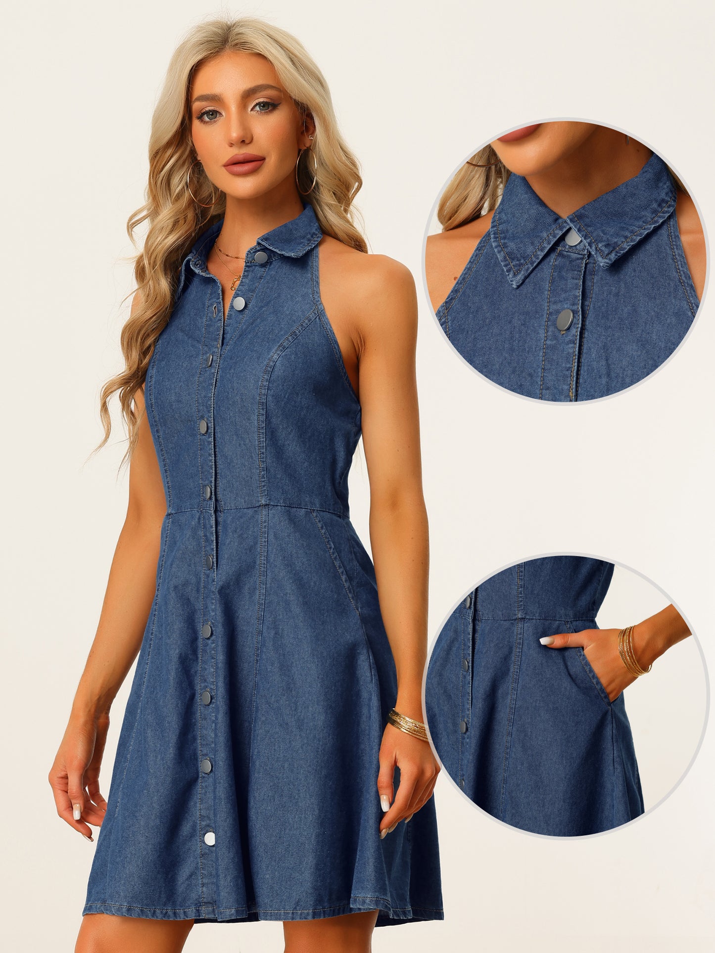 Women's Button Down Sleeveless Halter Neck Jean Dress Lightweight Denim Dresses (Available in Plus Size)