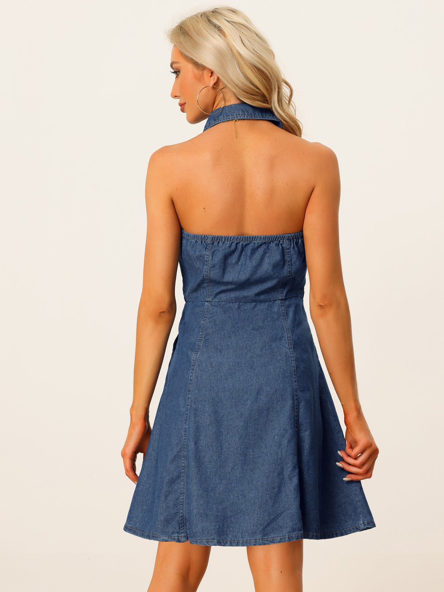 Women's Button Down Sleeveless Halter Neck Jean Dress Lightweight Denim Dresses (Available in Plus Size)
