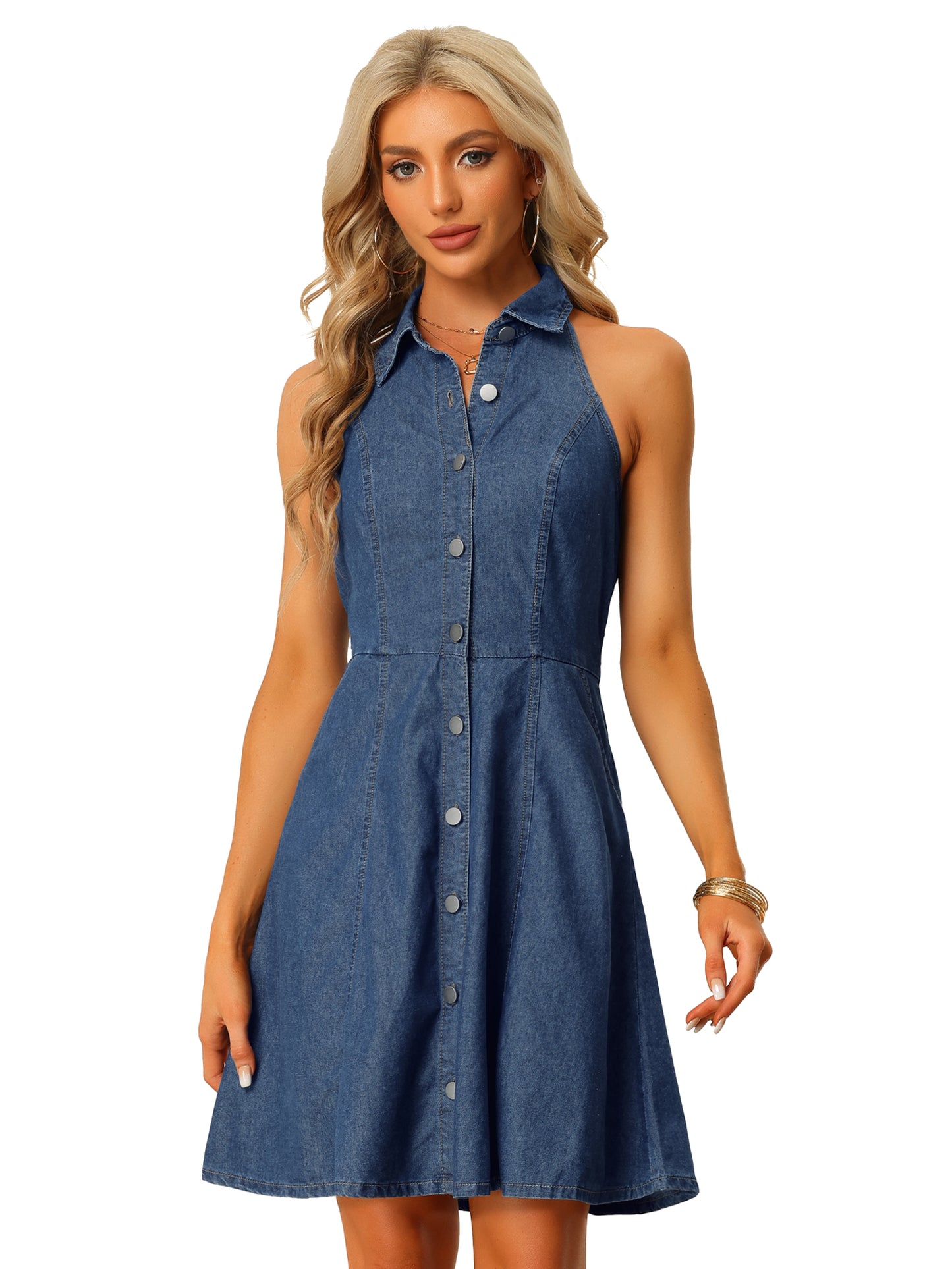 Women's Button Down Sleeveless Halter Neck Jean Dress Lightweight Denim Dresses (Available in Plus Size)