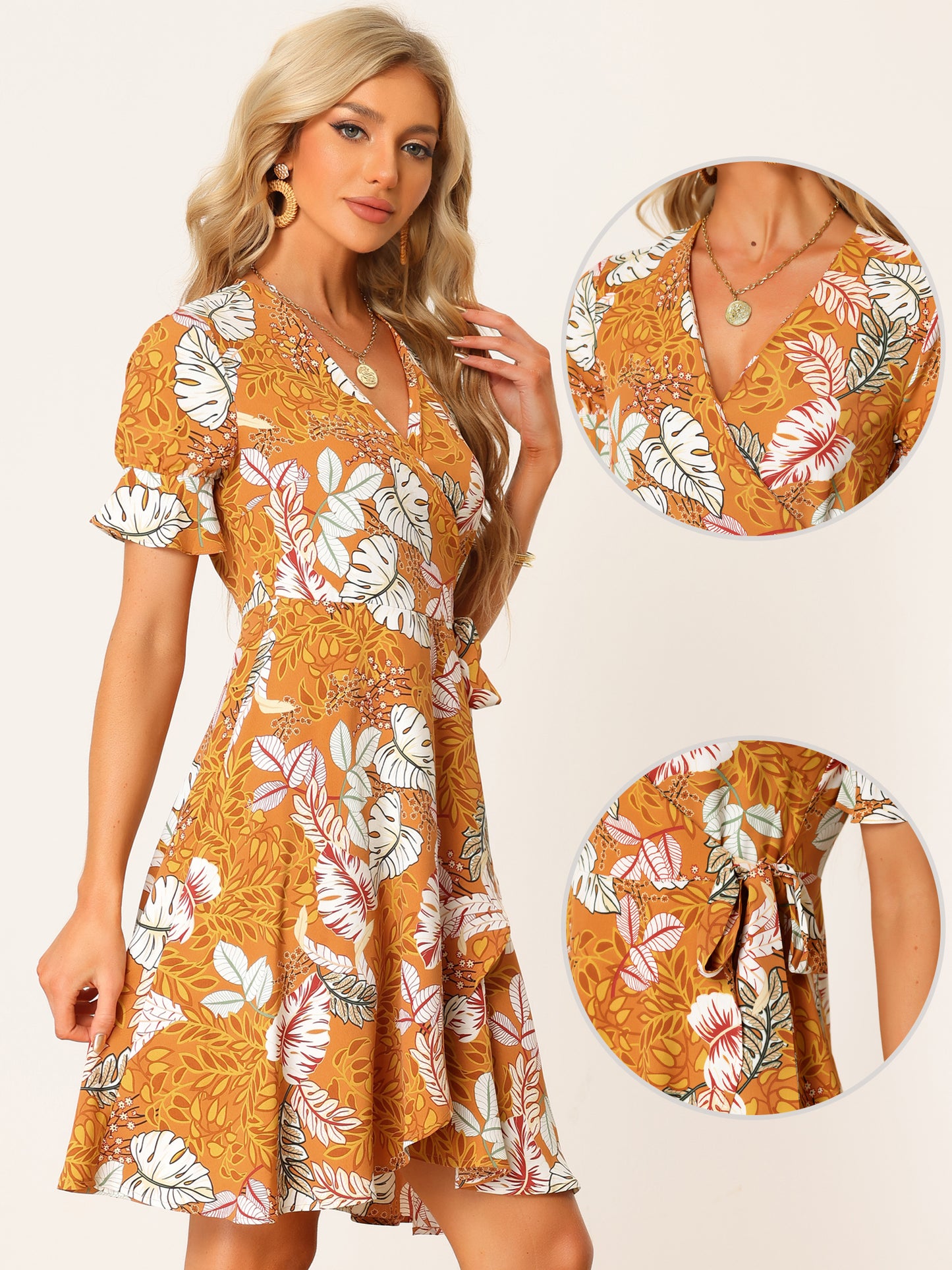 Women's Boho Floral Dress Tropical Tulip Hem Puff Sleeve Tie Wrap Dress