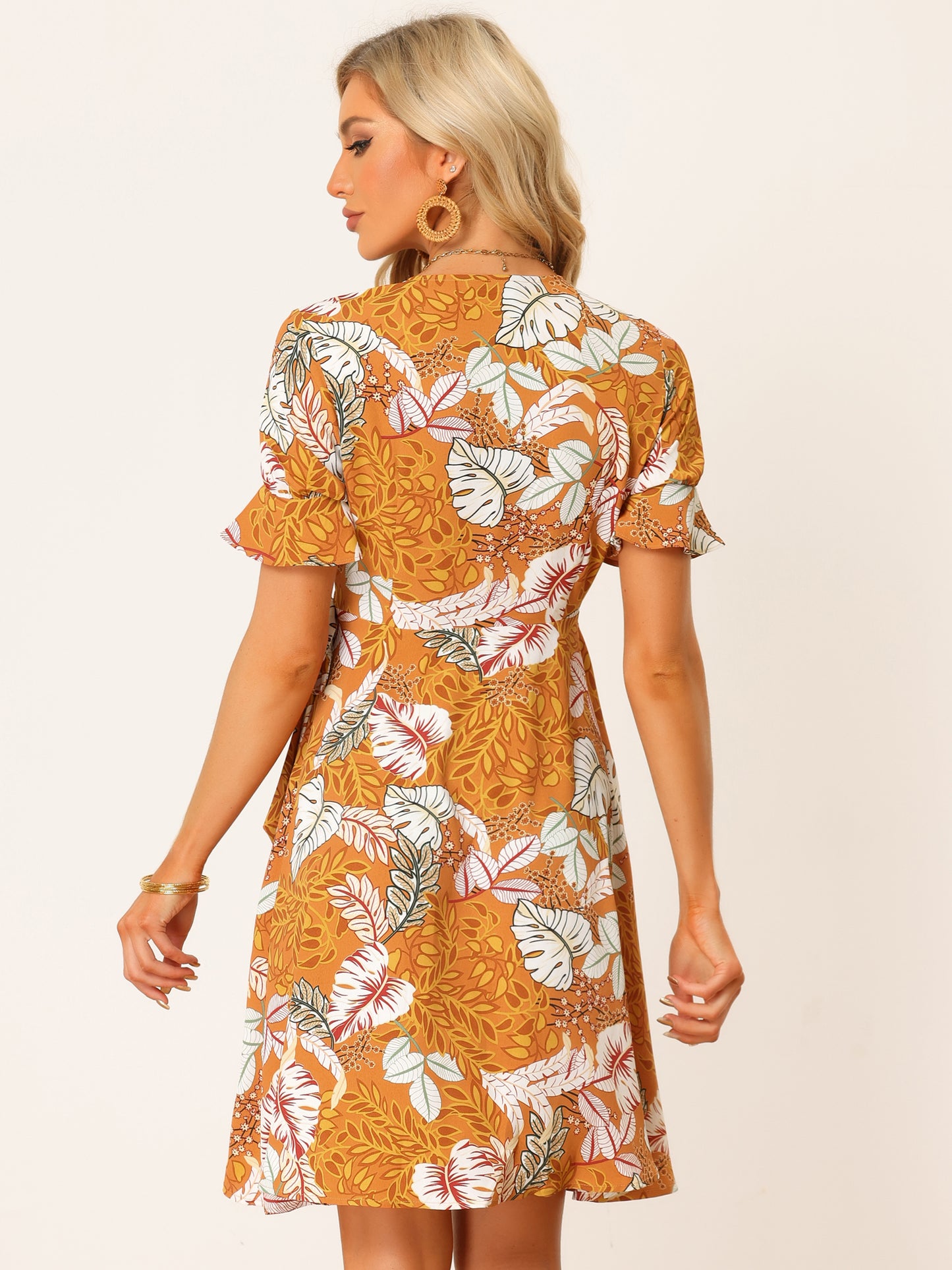 Women's Boho Floral Dress Tropical Tulip Hem Puff Sleeve Tie Wrap Dress