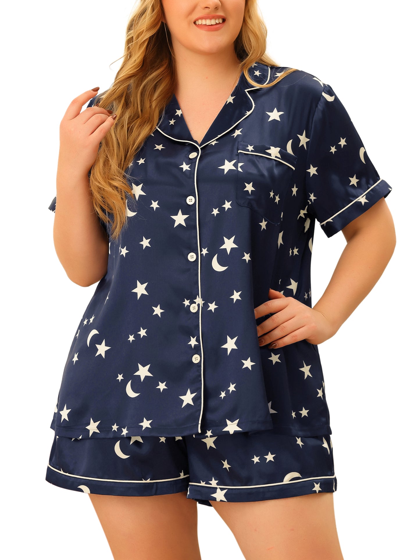 Women Plus Size Pajama Set Short Sleeve Button Shirt and Shorts 2 Pcs Lounge Set