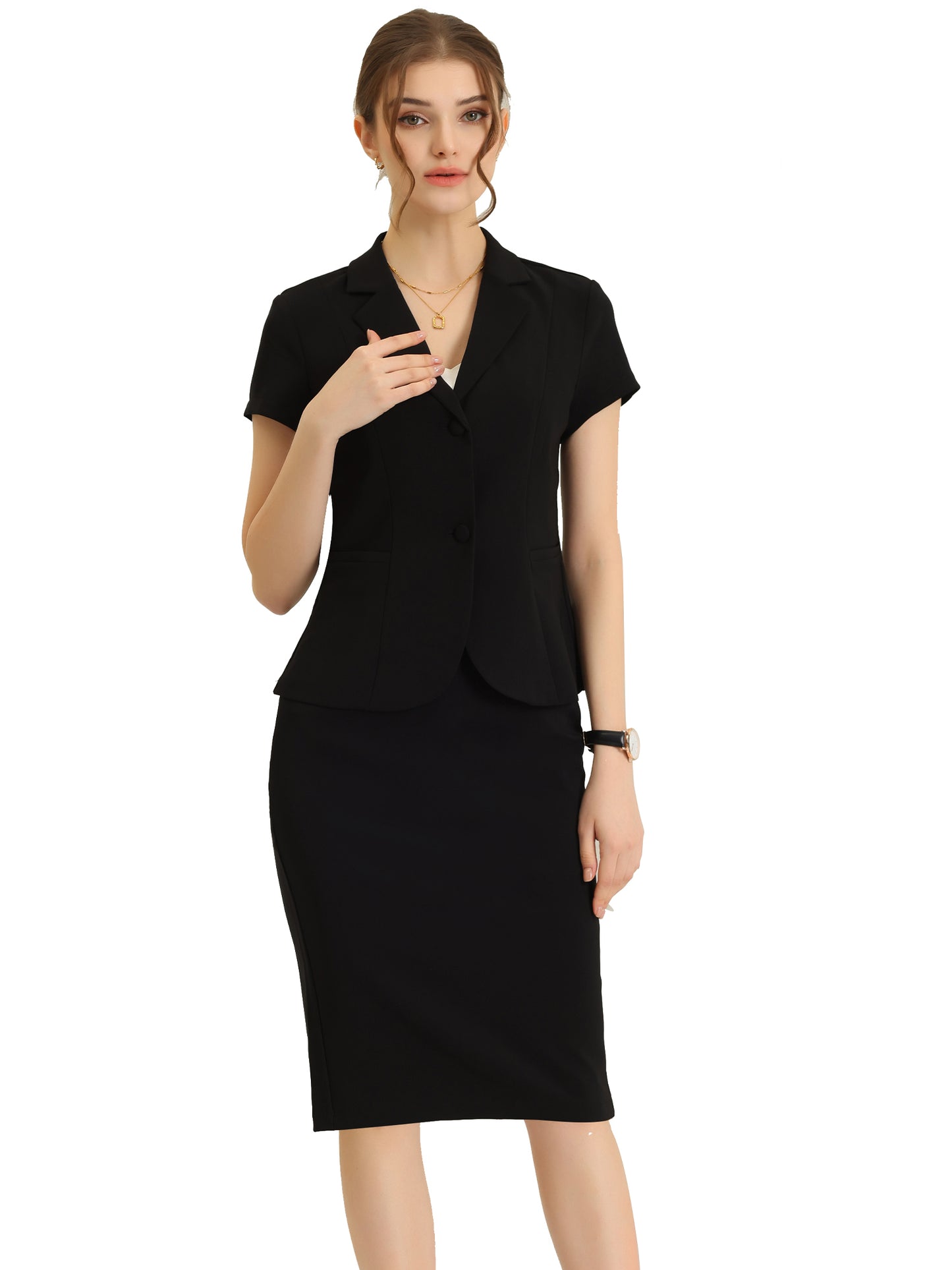 Women's Business Skirt Suit Set Work Office Short Sleeve Blazer Jacket Pencil Skirt (Available in Plus Size)