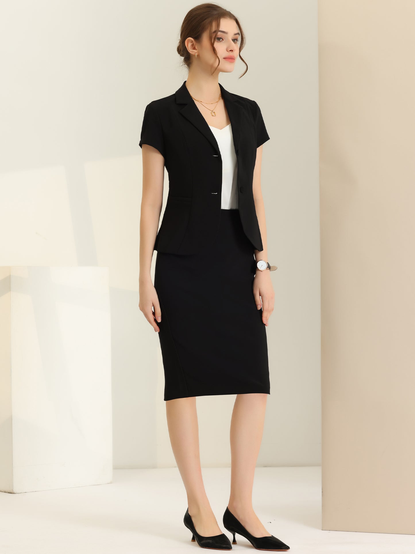 Women's Business Skirt Suit Set Work Office Short Sleeve Blazer Jacket Pencil Skirt (Available in Plus Size)