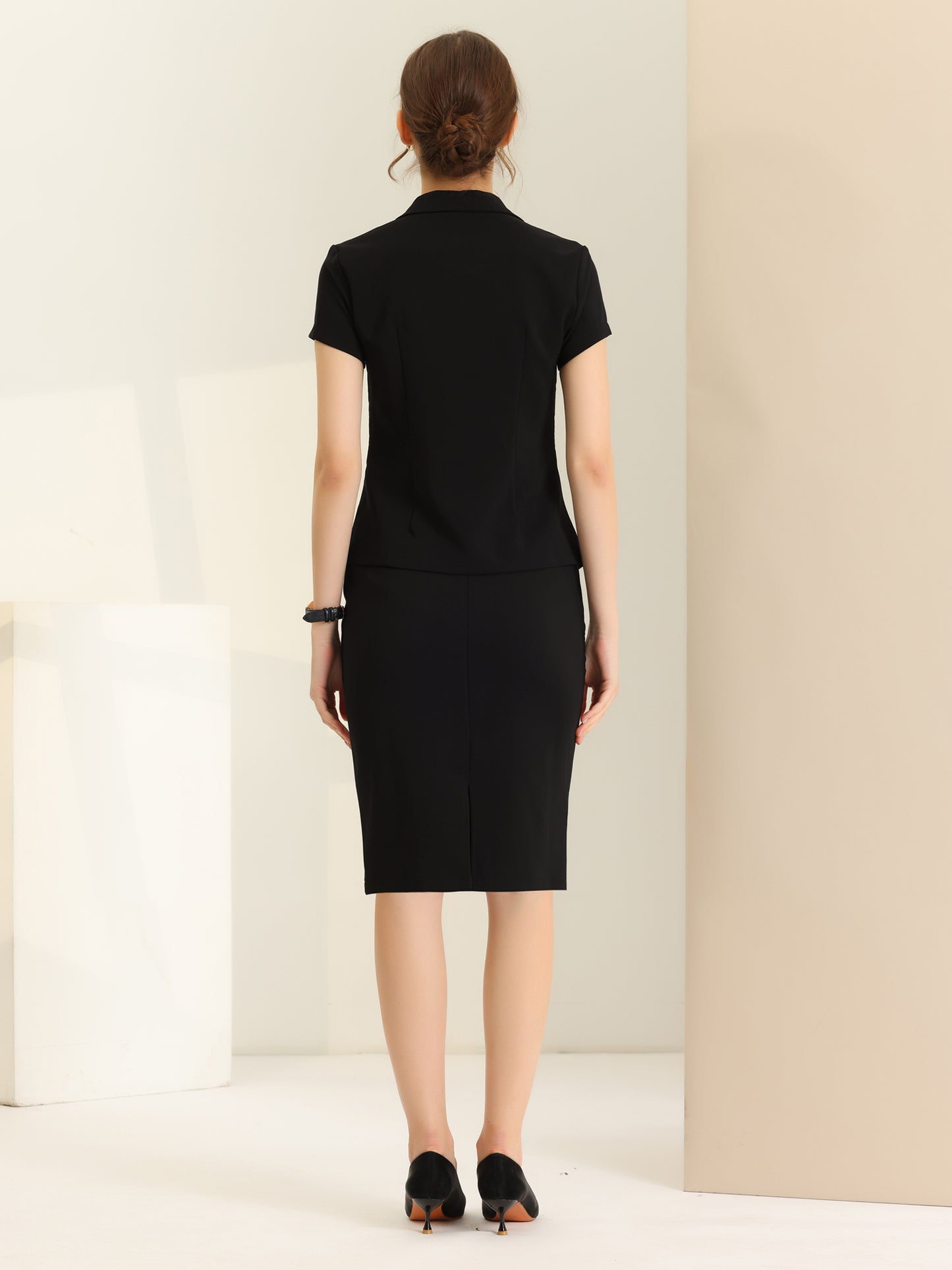 Women's Business Skirt Suit Set Work Office Short Sleeve Blazer Jacket Pencil Skirt (Available in Plus Size)