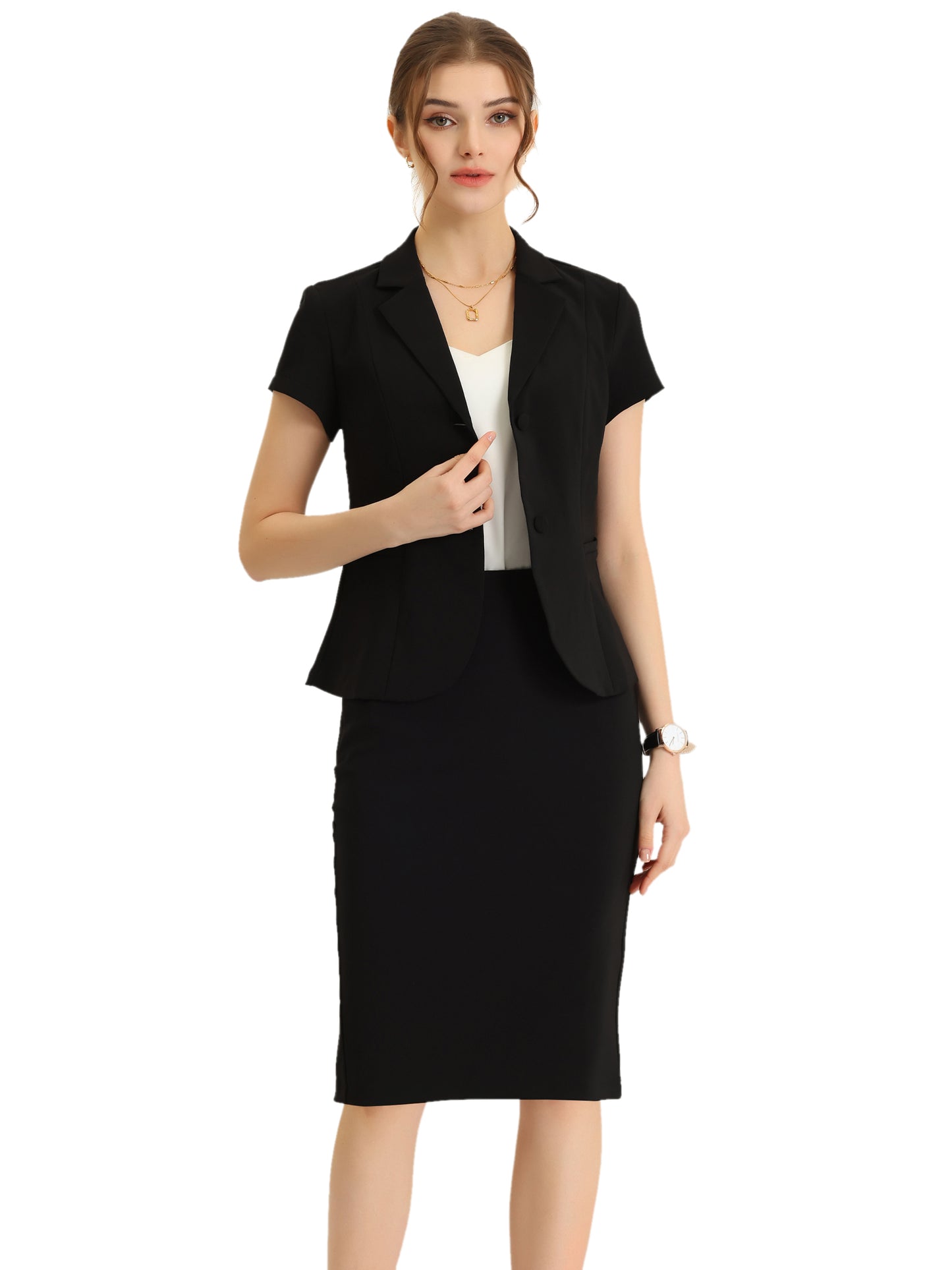 Women's Business Skirt Suit Set Work Office Short Sleeve Blazer Jacket Pencil Skirt (Available in Plus Size)