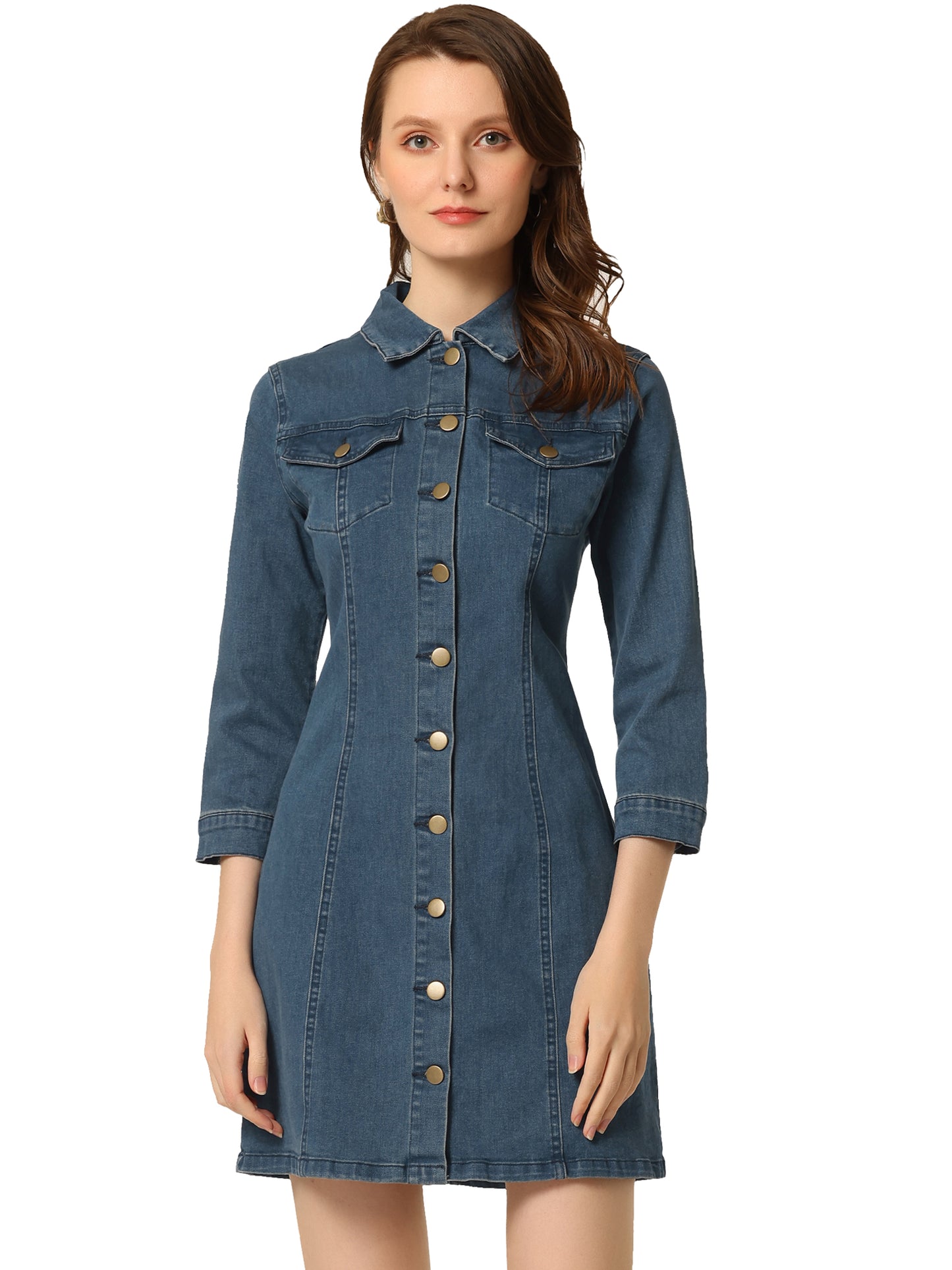 Women's 3/4 Sleeve Button Down Denim Shirt Dress