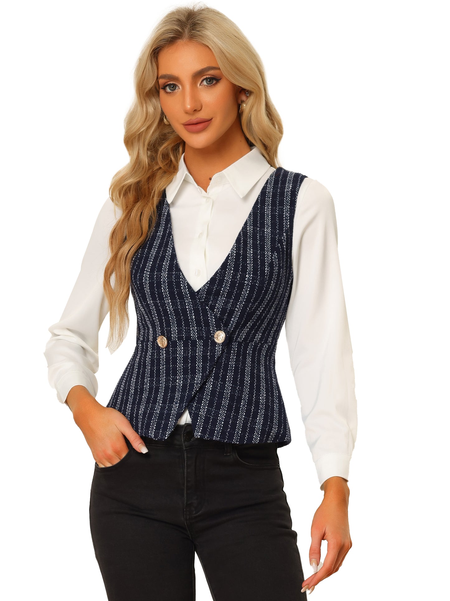 Women's Vintage Tweed Vest Double Breasted Sleeveless Plaid Waistcoat Jacket