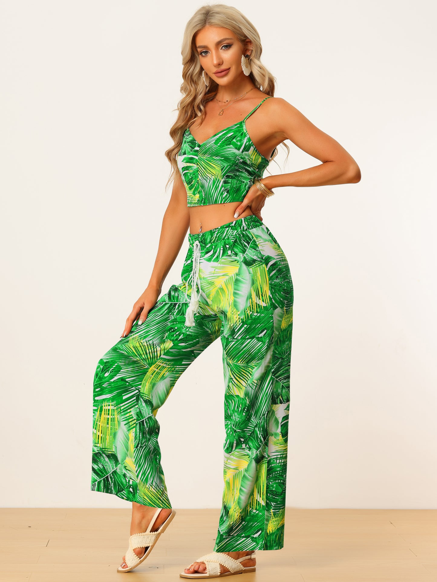 Women's Two-Piece Beach Outfit Tropical Top and Pants Set