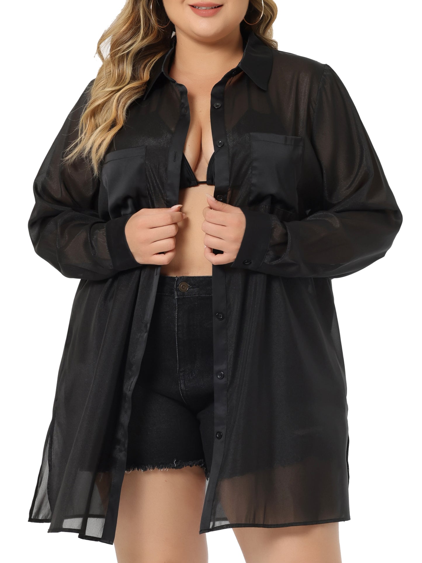 Women's Plus Size Long Sleeves Button Down Solid Sheer Top Shirt