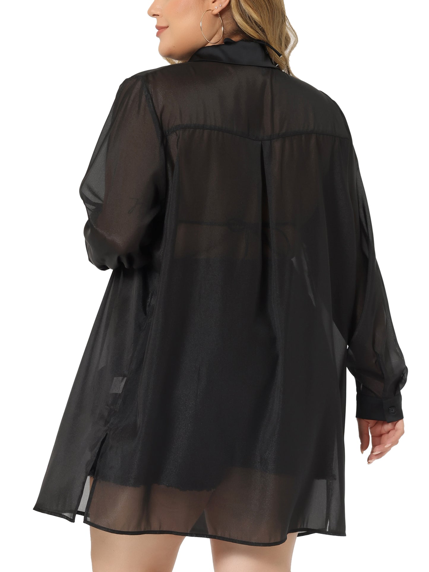 Women's Plus Size Long Sleeves Button Down Solid Sheer Top Shirt