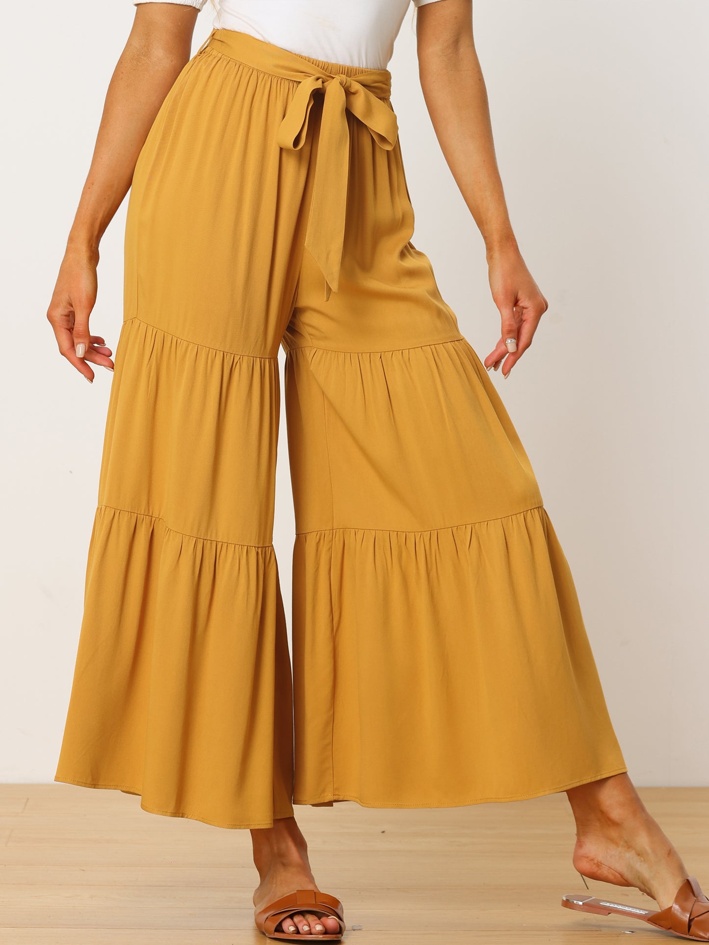 Women's Boho Elastic High Waisted Ruffles Flare Palazzo Wide Leg Pants (Available in Plus Size)