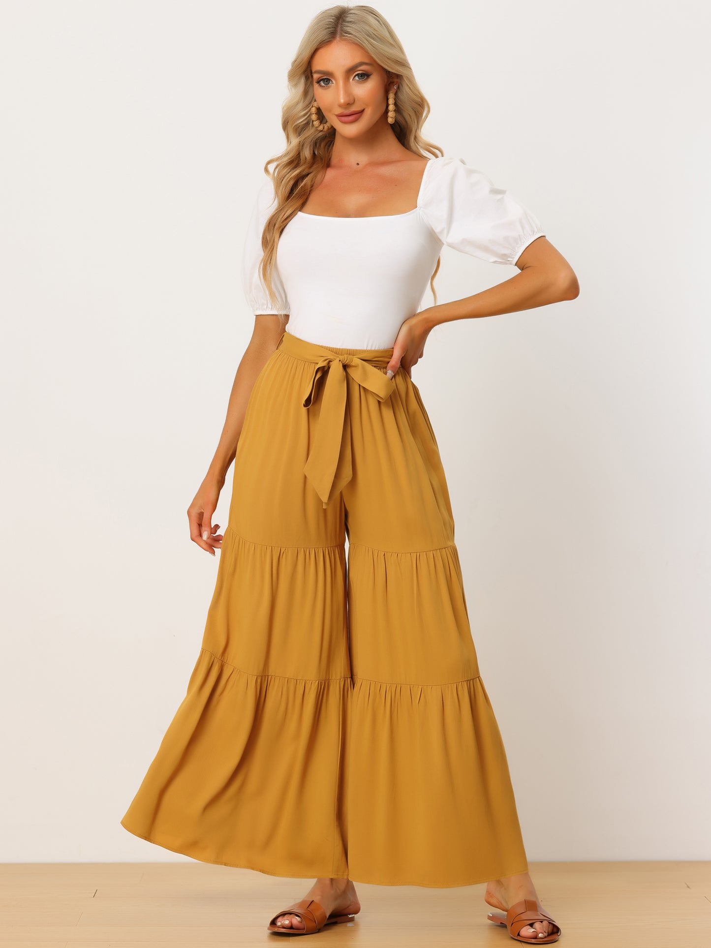 Women's Boho Elastic High Waisted Ruffles Flare Palazzo Wide Leg Pants (Available in Plus Size)