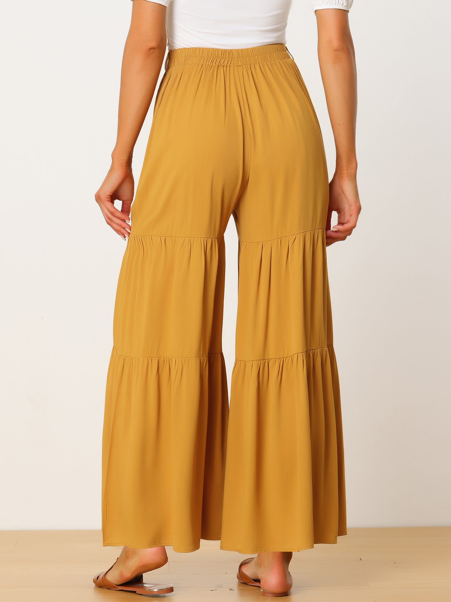 Women's Boho Elastic High Waisted Ruffles Flare Palazzo Wide Leg Pants (Available in Plus Size)
