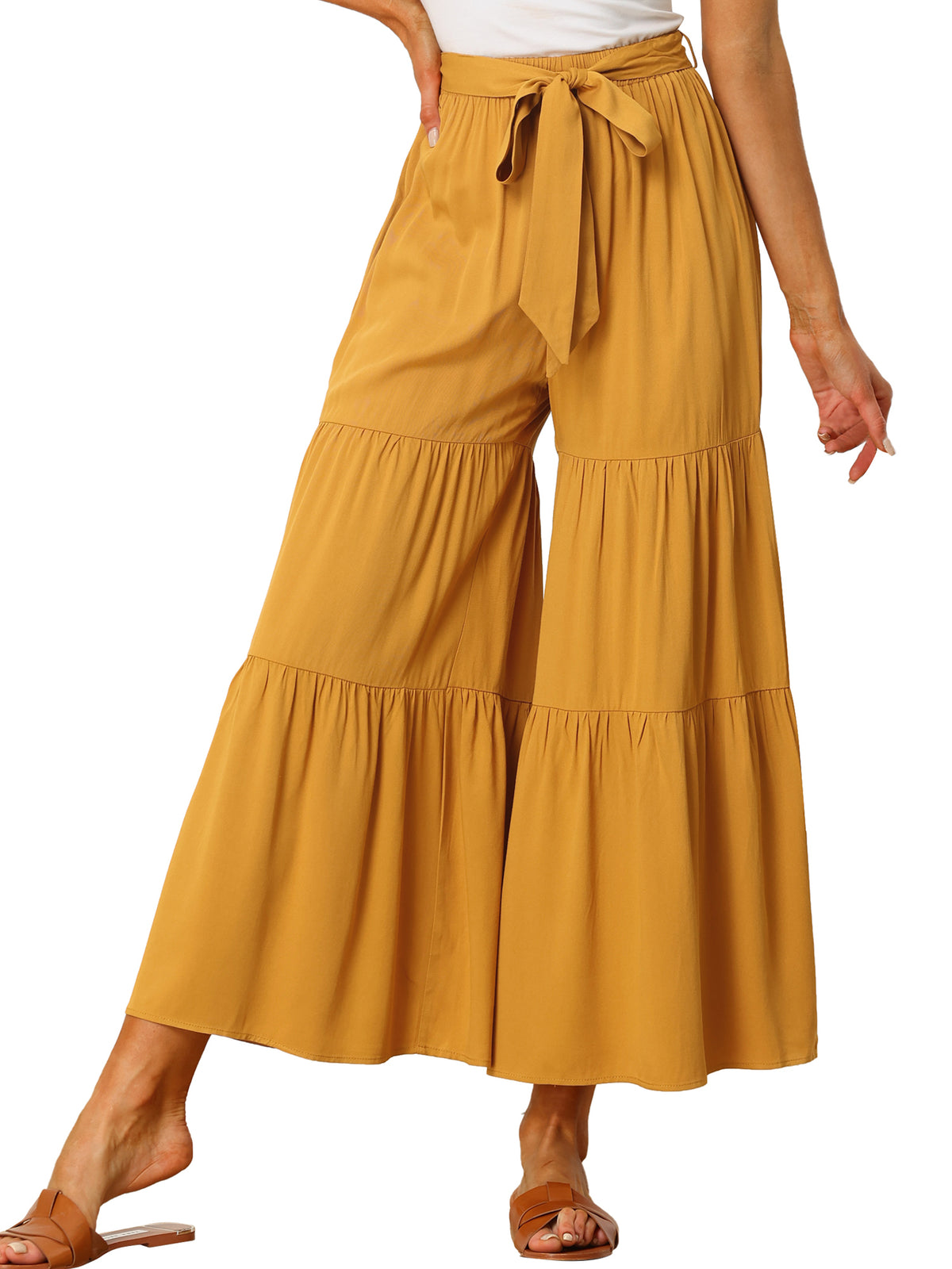 Women's Boho Elastic High Waisted Ruffles Flare Palazzo Wide Leg Pants