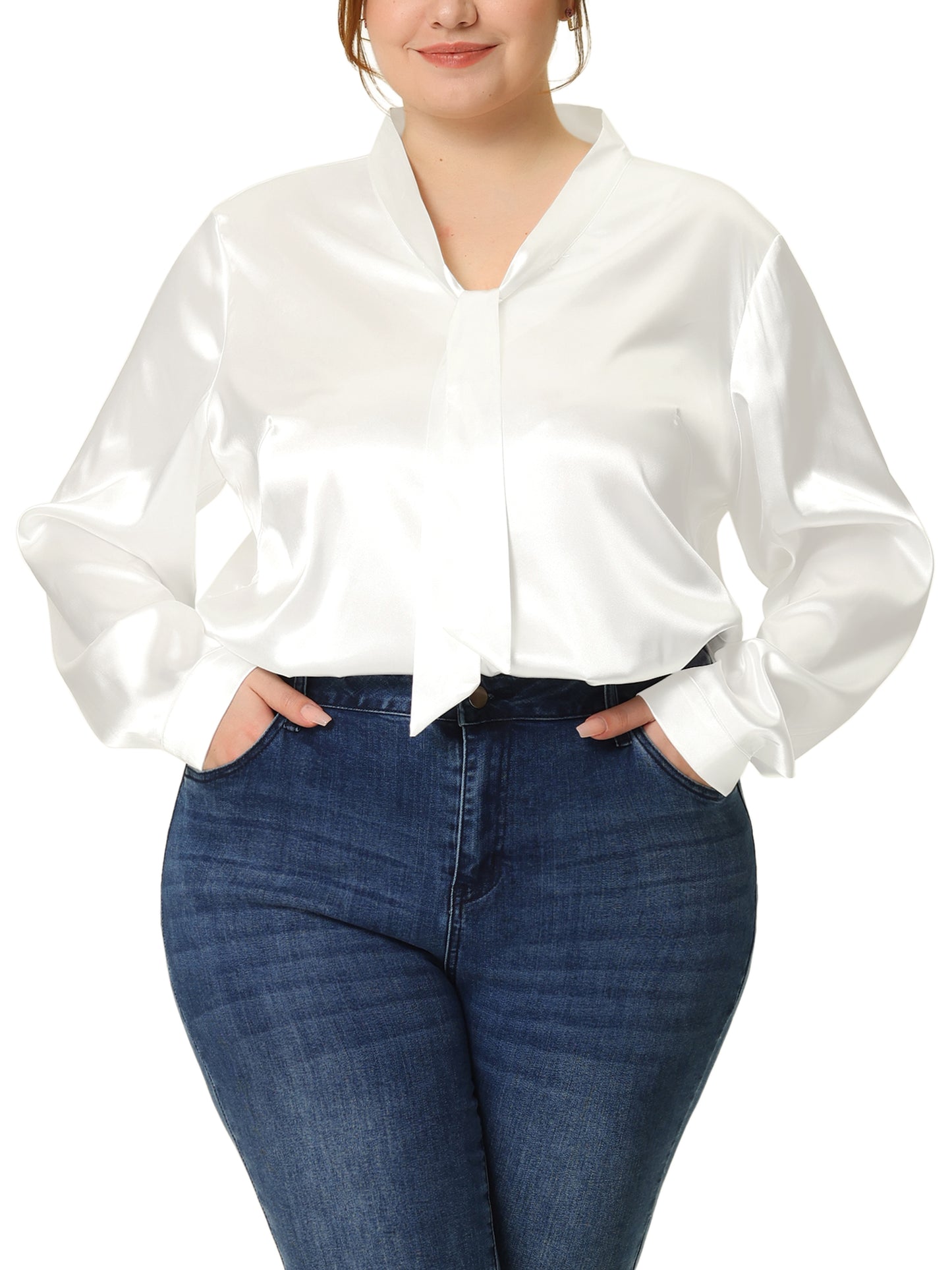 Women Plus Size Blouse Work Office Tie Neck Satin Top Blouse