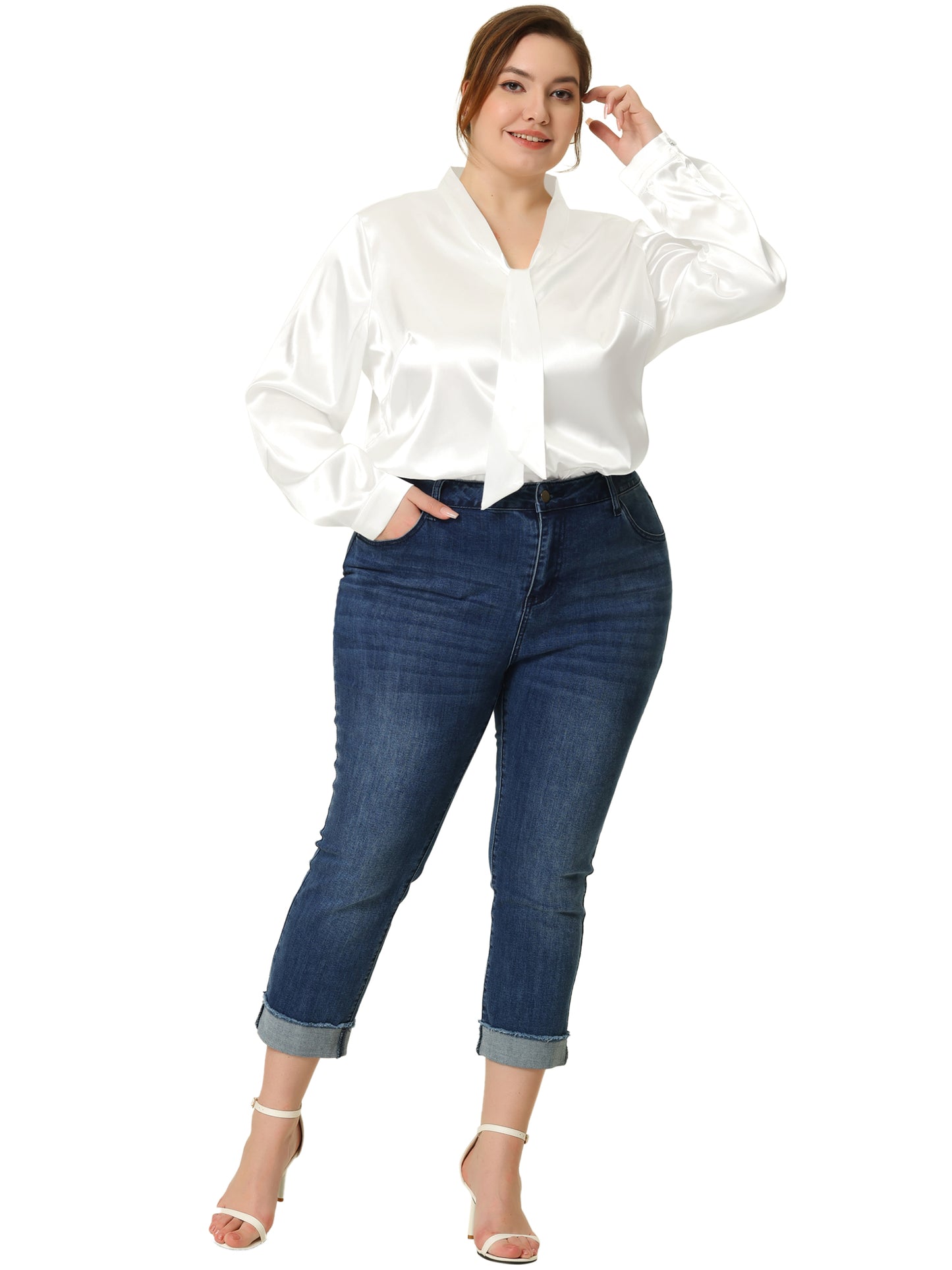 Women Plus Size Blouse Work Office Tie Neck Satin Top Blouse