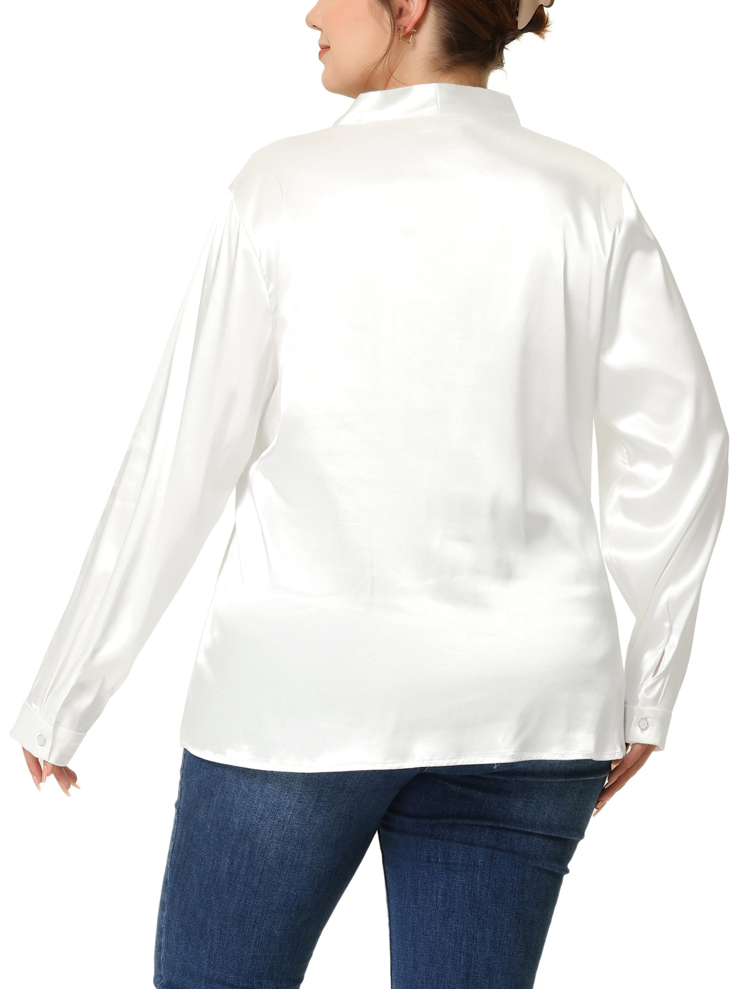 Women Plus Size Blouse Work Office Tie Neck Satin Top Blouse