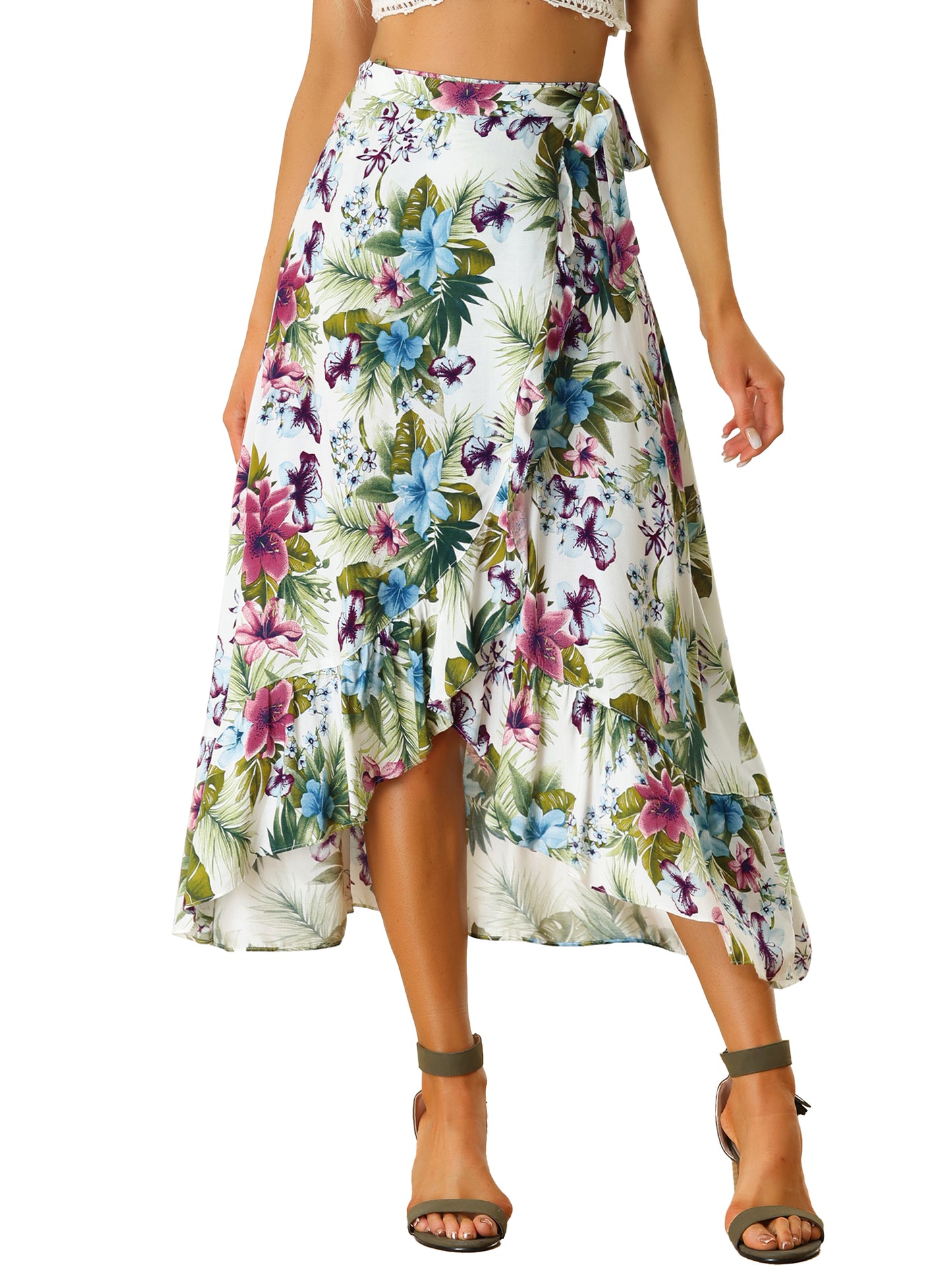 Women's Tropical Floral Print Ruffle Self Tie Knot Split Beach Wrap Skirt